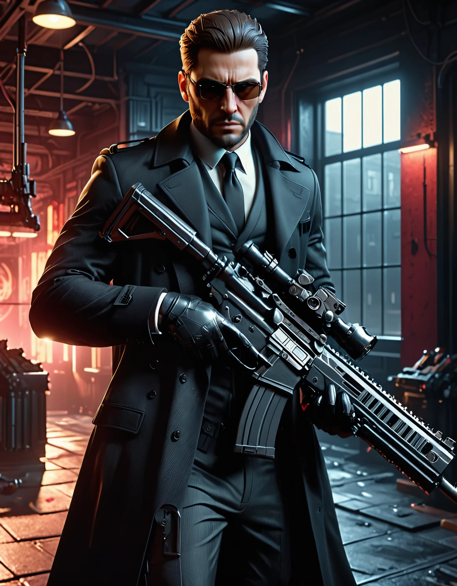 there is a man in a suit and tie holding an assault rifle, neo - noir style, 3 d render character art 8 k, (albert wesker:0.4) full body portrait, neo noir style, concept art like ernest khalimov, cinematic full character, male character, highly detailed character, full body shot hyperdetailed, (arnold maya render:0.4), he is wearing a black trenchcoat, solo, single, (glasses), long black trenchcoat, black suit and tie, (black shirt), (dark brown hair, long hair, ponytail), dress shoes, formal, stoic. weapons room backdrop, shelves behind him, two assault rifles on each shelf.