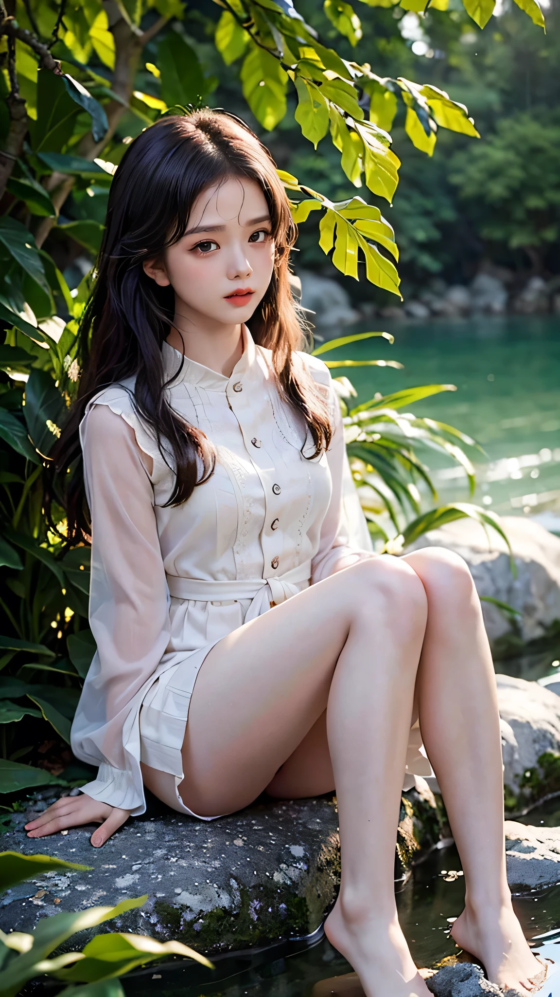 JISOO from blackpink, pink hair, (full body), wearing medieval long clothes, sitting on a rock, feet in the water, Drenched hair, The background is a forest, sunset, (masterpiece, best quality, award winning, highres), skinny, intricate and beautiful design, highly detailed beautiful face, super detailed beautiful eyes, light smile, sitting near stream, forest, leaves flow, windy, sun lights through forest, fantasy art, dynamic lighting, cinematic lighting, hyper realistic, extremely CG detail, octane render, (artistic + masterpiece:1.4), (incredibly detailed eyes), (8k, Photorealistic, Photo RAW, Best quality: 1.4), (UHD), (Ultra high realism), (Ultra high definition), (Ultra high detail), (Realistic face), Beautiful hairstyle, Realistic bright amber eyes, Beautiful details, (Realistic skin), Pale, smooth and luminous skin with iridescent shine and no imperfections, Ultra high definition, Ultra realistic, Highly detailed