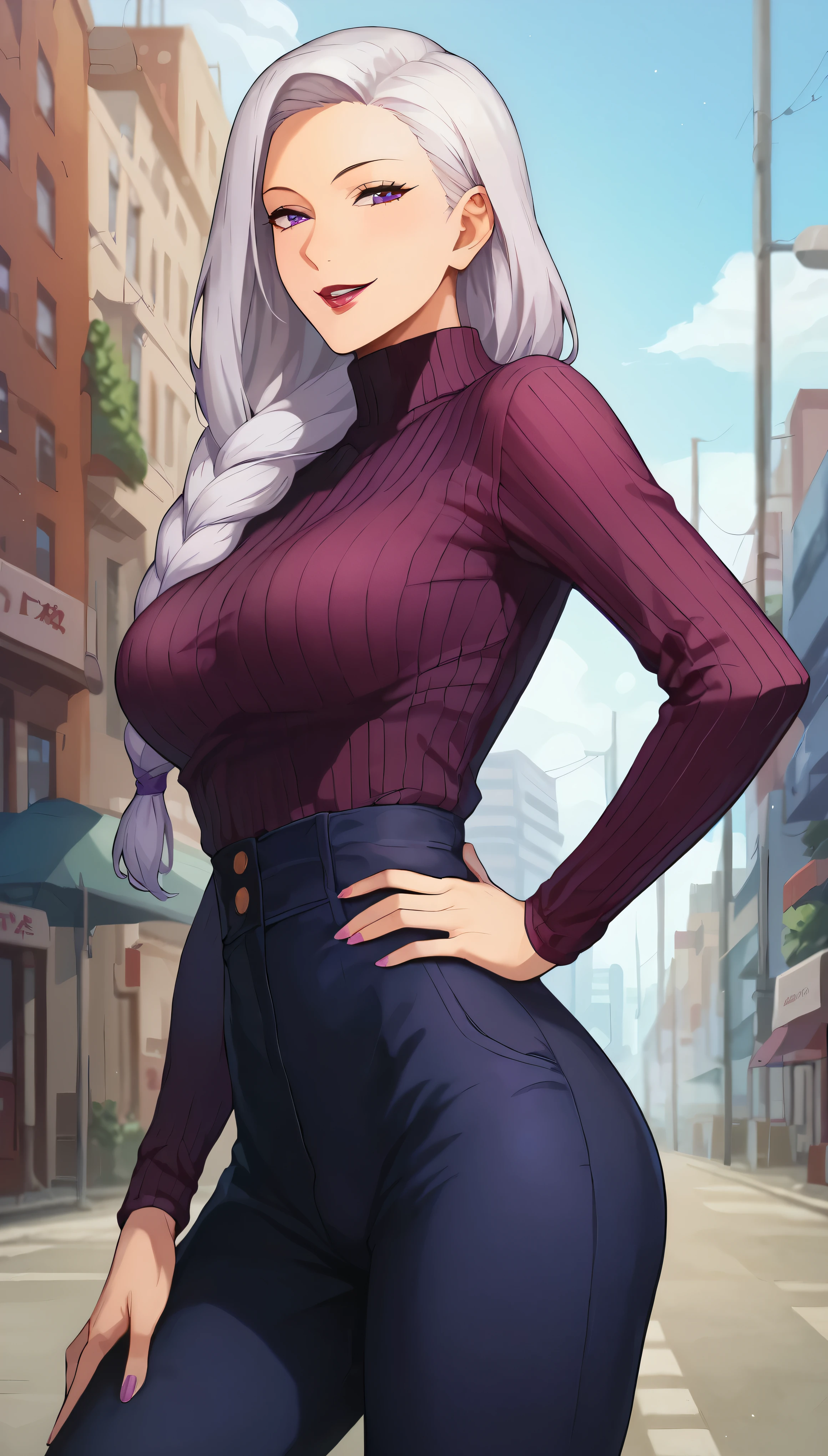 score_9, score_8_up, score_7_up, score_6_up, 1girl, mature female, MeiMei, solo, (((beautifully detailed purple eyes))), long hair, braided ponytail over back, lipstick, parted lips, smile, turtleneck, ribbed sweater, (((shoulder cutouts))), long sleeves, purple ribbed jumpsuit pants, looking at viewer, outdoors, cowboy shots, white hair, city background, hand on hip, correct digit, (((purple eyes))), (((detailed face)))