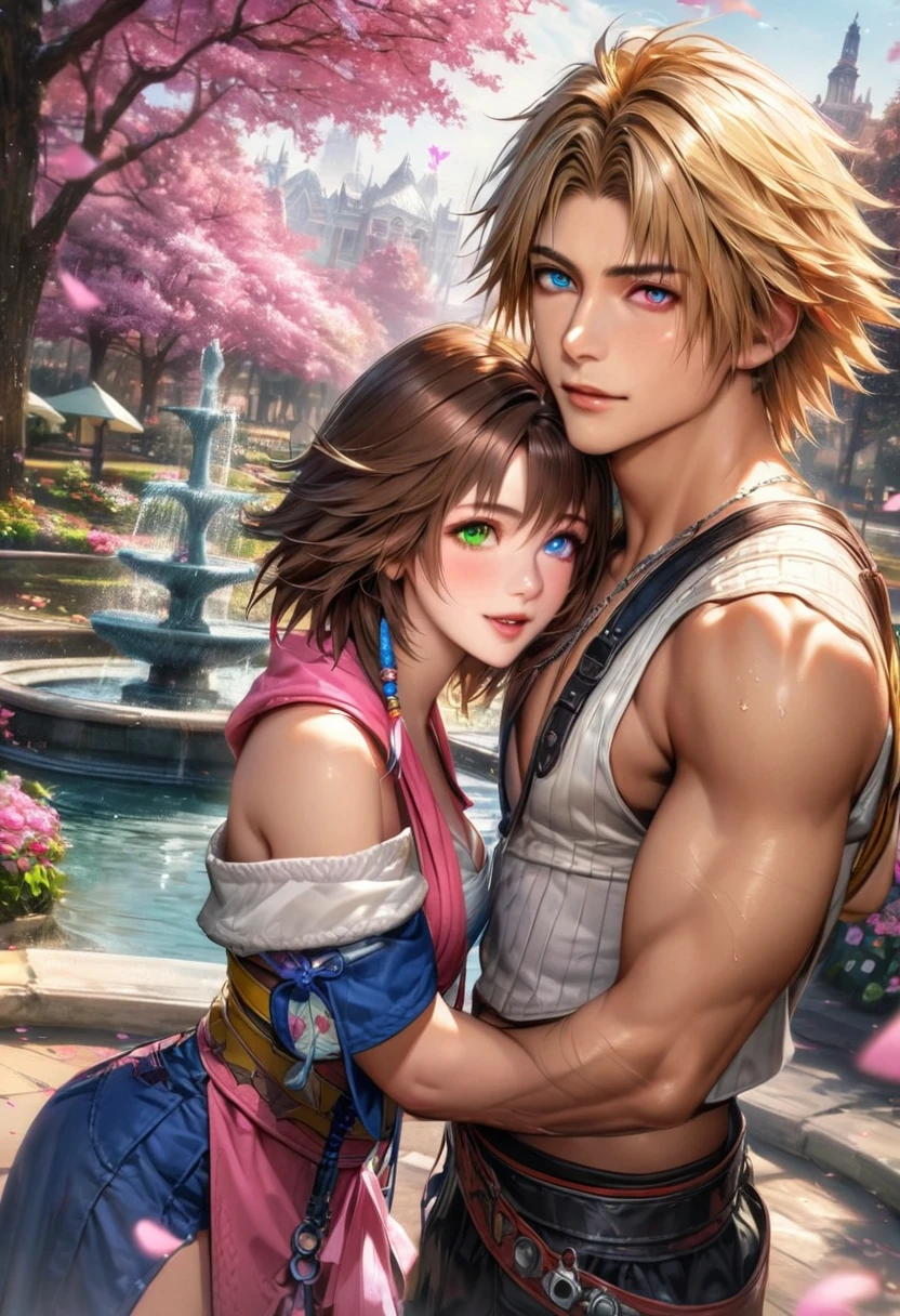absurdres, highres, ultra detailed, HDR, master piece, ultra detailed picture, extremely detailed face and eyes, realistic face, Tidus, blond hair, expressive blue eyes, Final Fantasy X, Yuna, brown hair, heterochromia, left eye blue, right eye green, a man together with a woman, couple, pink flowers, park, fountain, pink trees, pink butterflies