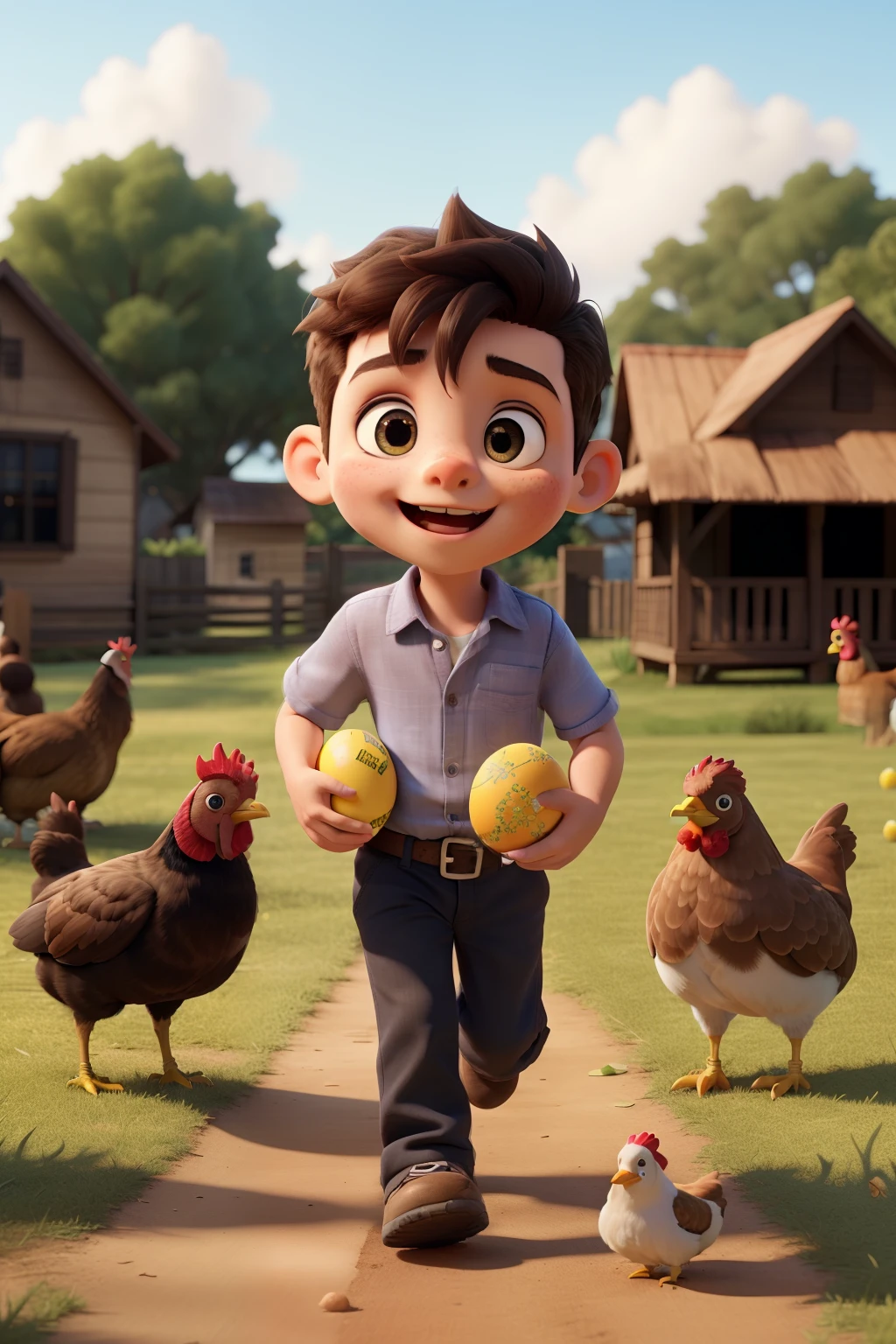 a little boy stealing eggs fron the chickens, running, chickens chasing him, he is scared, rosto perfeito