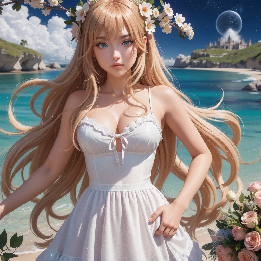 realista, 1 chica, raphtalia, anime The Rising of the Shield Hero ,Holographic hair, heterochromic eyes, Ojos brillantes, labios partidos, rubor, noche, rosas blancas, pasteles, Brillantina, caminando de espaldas por un fantasioso campo florido, con un ligero,corto y trasparente vestido muy sensual "escotado por la espalda" mientras se gira levemente para posar mira a la camara de forma timida y sutil cogiendo con sus manos el corto vestido y "levantandolo por encima de la cintura mostrando sus nalgas"