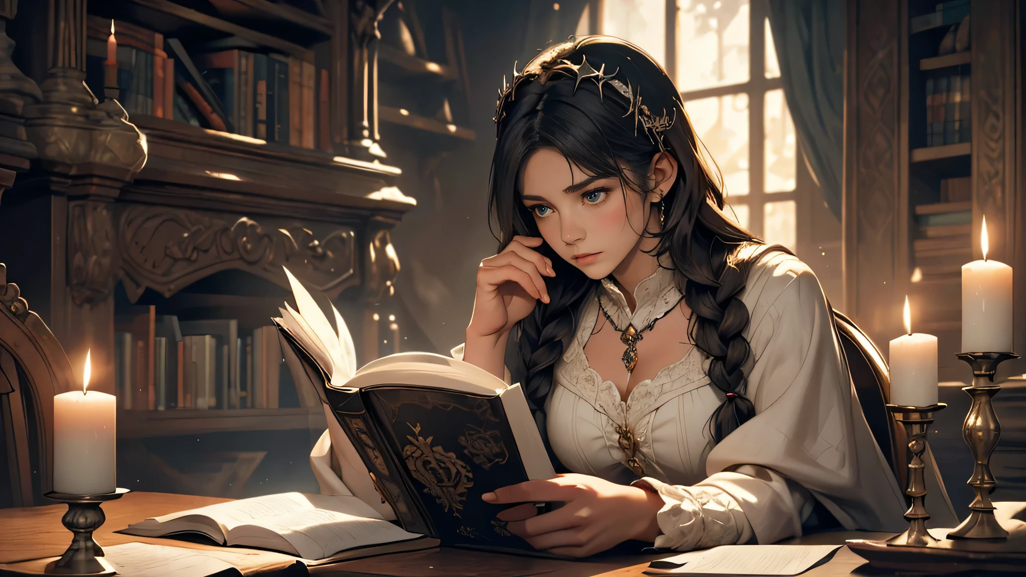 (best quality,4k,8k,highres,masterpiece:1.2),ultra-detailed,(realistic,photorealistic,photo-realistic:1.37),girl,long black hair,braids,white garment shirt,reading,ancient parchment,dark room,candlelight,gloomy face,medieval fantasy theme,storybook illustration,aged paper texture,gothic architecture,vintage candlestick,soft shadows,ethereal atmosphere,mysterious aura,dramatic lighting,ominous ambiance,detail-oriented illustration,subtle highlights,expressive eyes,lost in the book,intense emotions,unique protagonist,elaborate hair accessory,authentic medieval setting,soft candle glow,complex composition,magic in the air,dense atmosphere,whimsical elements,contrasting light and shadow,subdued color palette,gradual transition of tones,vivid imagination,faded background details