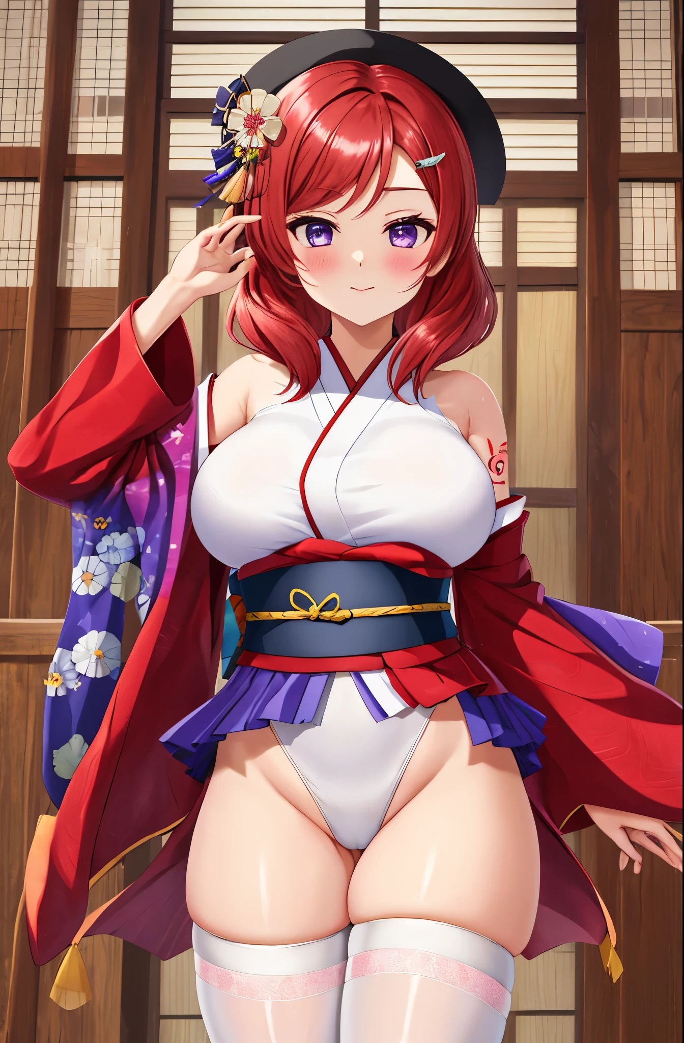 (​best quality,highres,masterpiece),Nishikino maki, purple eyes,breasts, looking_at_viewer, blush, bangs, large_breasts, hair_ornament, thighhighs, flower, heart, thighs, cowboy_shot, japanese_clothes, shiny, white_thighhighs, leotard, fingernails, shiny_skin, sash, tattoo, skindentation, highleg, thick_thighs, obi, ribbon_trim, highleg_leotard, legs_together, ribbon-trimmed_legwear, obijime, tomoe_(symbol), mitsudomoe_(shape)