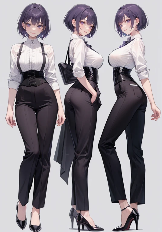 Purple hair,short cut hair,Adult female,Bartender,((Body harness)),((Rolling up your sleeves shirt)),(Corset),(slacks),(slit),High heels,((Simple background)),Smile,((Full body)),((whole body)),Character Sheet,