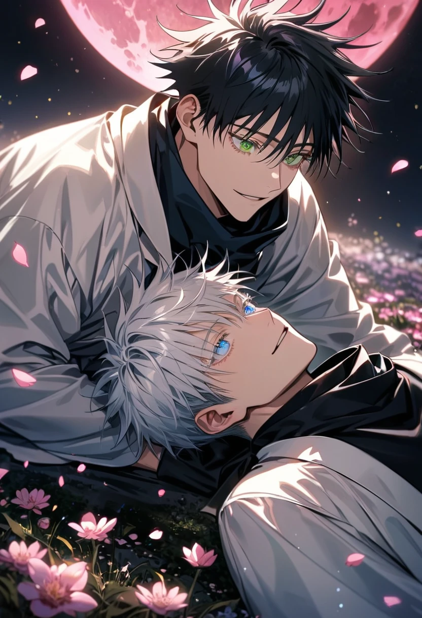 Ultra detailed, highres, absurdres, HDR, Fushiguro Megumi, black hair, expressive green eyes, Gojou Satoru, white hair with bangs, expressive blue eyes, white eyelashes, Jujutsu Kaisen, pink flowers, petals, fireflies, pink moon, 2 sexy men together, gay couple, handsome, very detailed face and eyes, black scarf, white haori, tone chest, love, lying down, happy, master piece