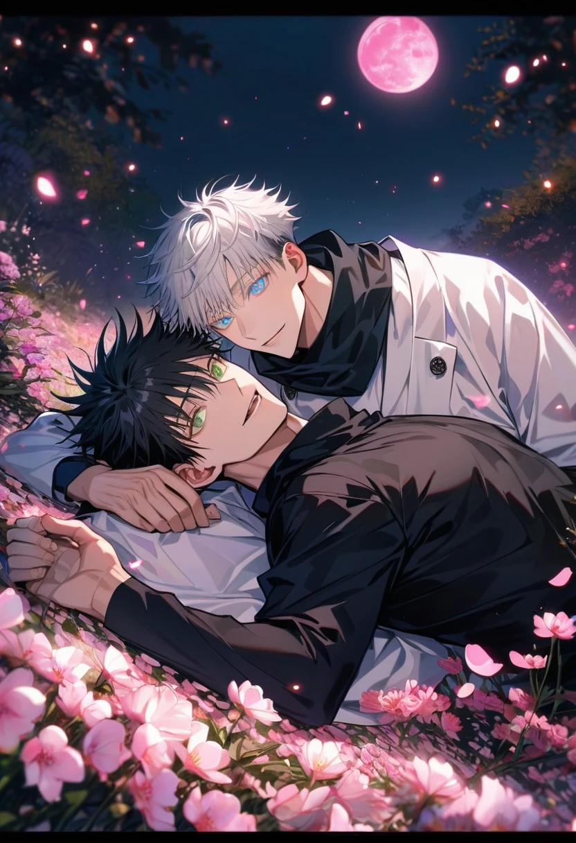 Ultra detailed, highres, absurdres, HDR, Fushiguro Megumi, black hair, expressive green eyes, Gojou Satoru, white hair with bangs, expressive blue eyes, white eyelashes, Jujutsu Kaisen, pink flowers, petals, fireflies, pink moon, 2 sexy men together, gay couple, handsome, very detailed face and eyes, black scarf, white haori, tone chest, love, lying down, happy, master piece