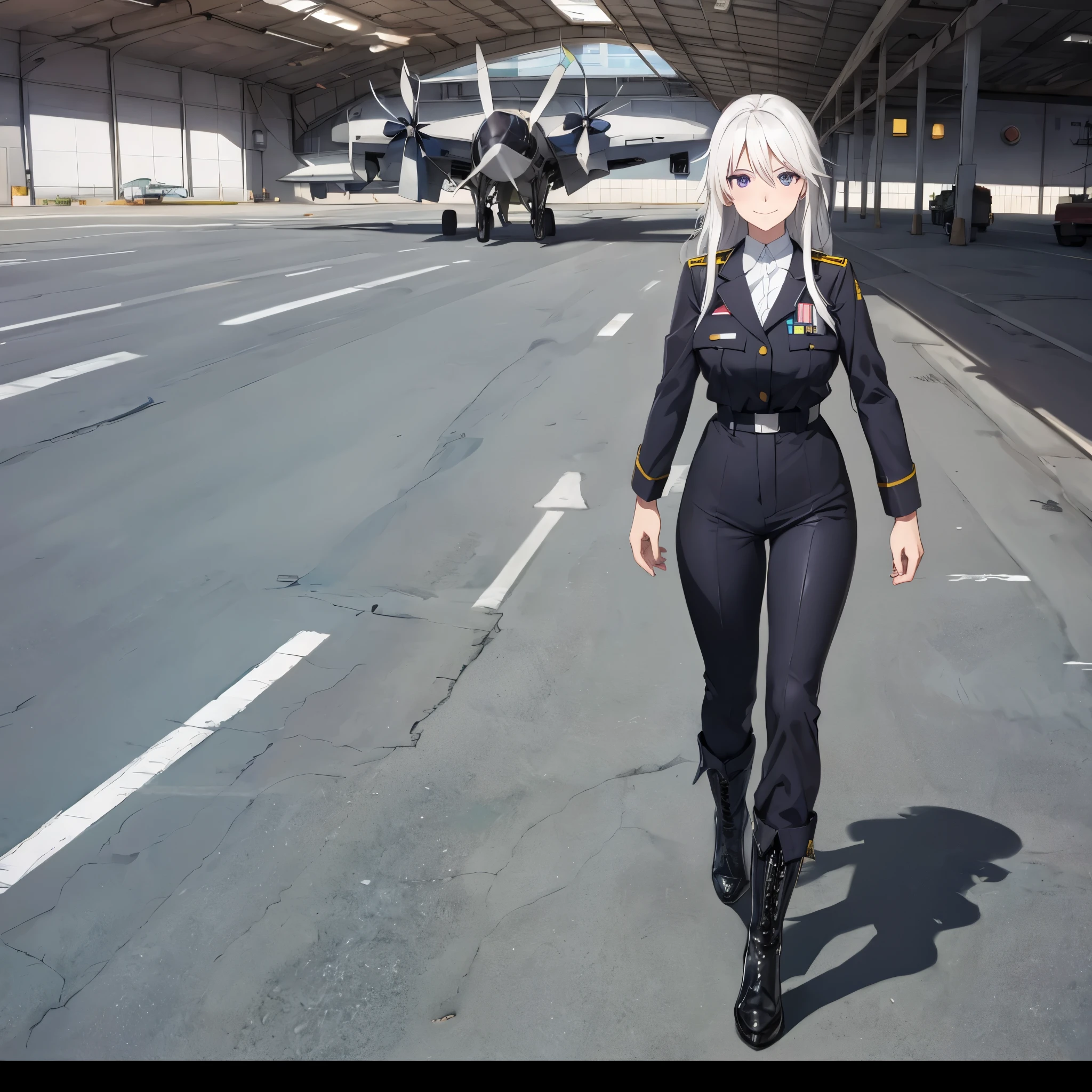 A woman wearing a moss green American pilot's uniform, medals on her uniform, black boots, long white hair, purple eyes, smiling, big breasts, walking on a large runway at a military airport, military fighter plane in the background, aircraft warehouse in the background, wide view, full body, surrealism, projected shadow, anaglyph, stereogram, tachi -e, pov, atmospheric perspective, surrealism, flower, 8k, super detail, accurate, best quality, UHD, anatomically correct, textured skin, high quality, high resolution, best quality
