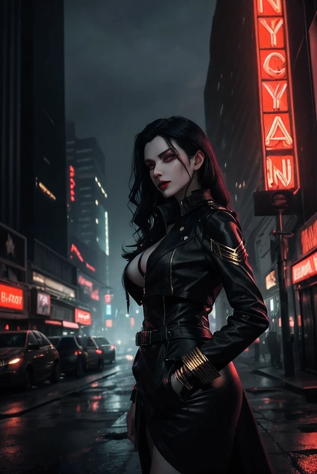 Lysandra, a vampire, stands out in the dystopian city. Her wavy black hair and golden/reddish eyes reveal her vampiric nature. Her pale skin contrasts with red lips. In the background, shadowy skyscrapers and decaying neon lights create a sinister atmosphere.