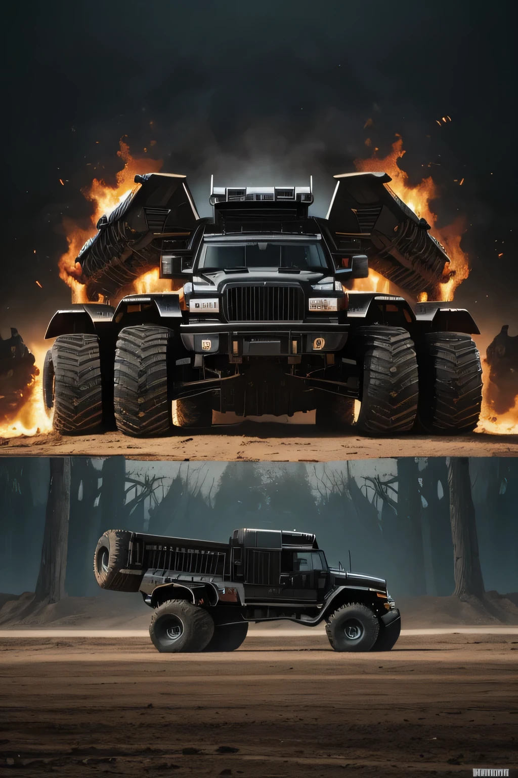 A dark and formidable behemoth of a truck known as the Black Hell Monster Truck created in collaboration by the artistic minds of Ron Cobb Jarosaw Janikowski and Hieronymus Bosch with intricate and elaborate detailing that exudes a sense of doom and despair
