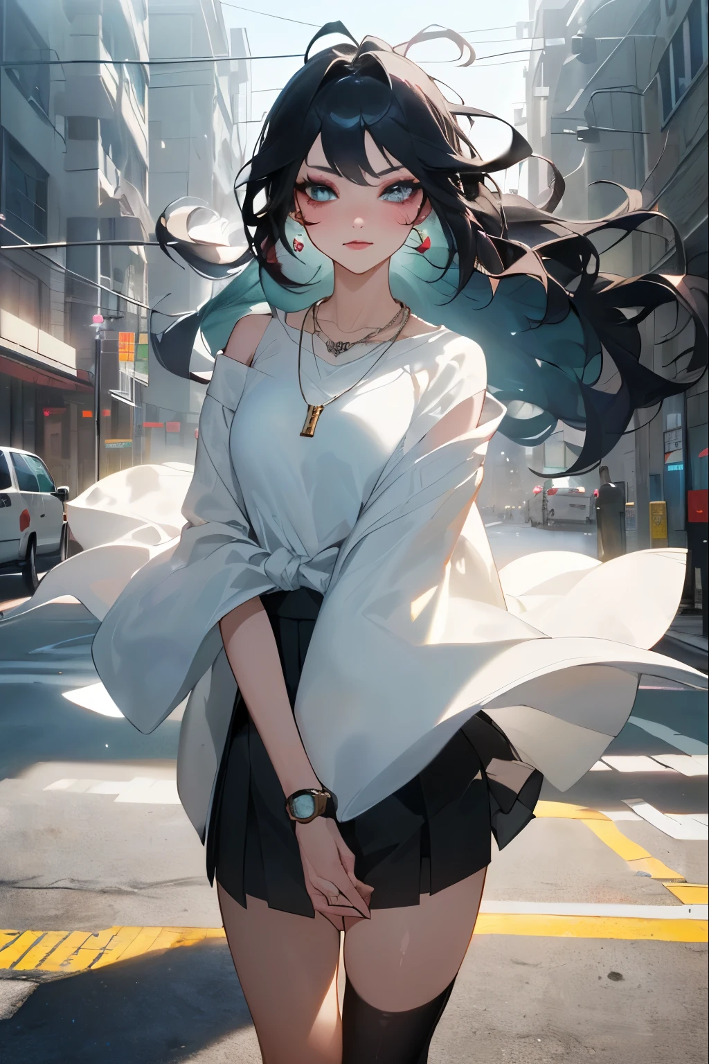 morning,Black hair,(Best quality,8k,masterpiece),(outside the building,站在outside the building面,A cold wind blew through,capture),(A beautiful maiden,having fun,long black hair,Messy long hair,curls,big eyes:1.3,Long eyelashes,Exquisite makeup:1.4,Sexy lips,blush blush),(Exquisite watch,reflective necklace,Bulgari's earrings,Bulgari's ring),(outside the building,站在outside the building面,A cold wind blew through,capture),(Fashion Clothing,Wear loose-fitting white clothes,Baggy clothes,Shoulder-length short,Bear),(Black greasy transparent stockings),(Very short skirt,miniskirt),Light Mature,Royal sisters,The best light,The best shadow,Movie Lighting,28 years old,1 girl,need,(Genuine Leather,Soft skin)Ray Tracing,Unreal Engine 5,Reflective Skin,Digital illustration,Game CG Characters,Supermodel,(Korean pop music,Heartthrob),(Body edge lighting,There are colored light sources around),Wind blowing hair,Looking beyond