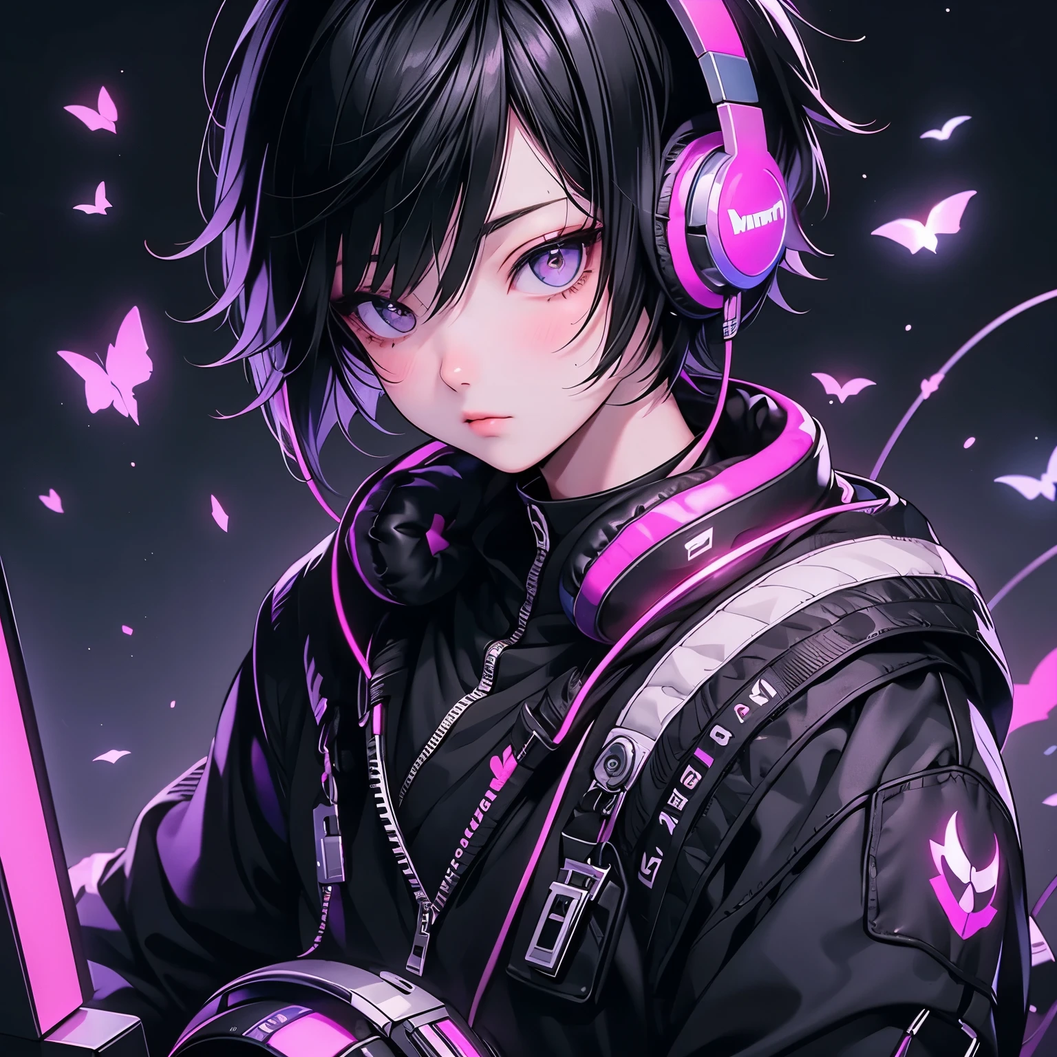 Adult male、18-year-old、Beautiful youth、Short Hair、Perfect Face、Beautiful Face、Handsome、anime、Black Hair、Gamer、headphone、computer