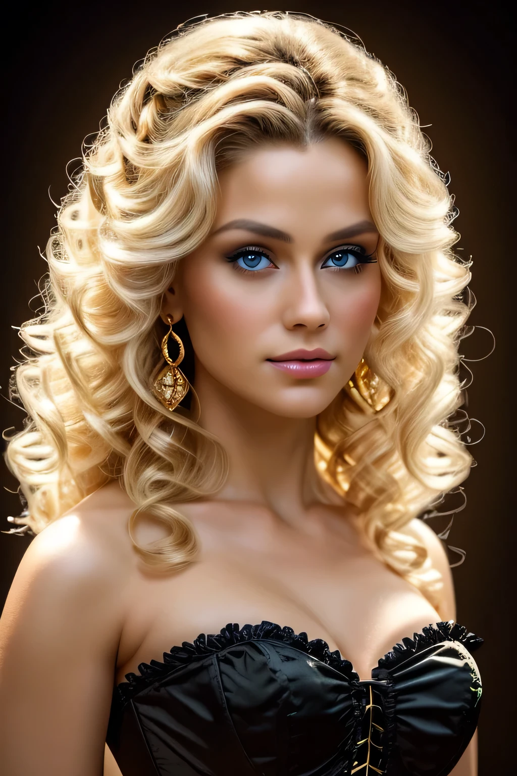 A shot of the 30-year-old princess, Blonde Curly Hair, black eye, Wearing a black corset dress､Gold Detail, XL Bust, background: Antarctica､Unreal Engine 5, Tabletop, Detailed eyes, Detailed face, Well-detailed eyes, Well-drawn faces, 8k, Light and shadow effects. Upper body portrait、masterpiece, 最high quality, high quality, High resolution