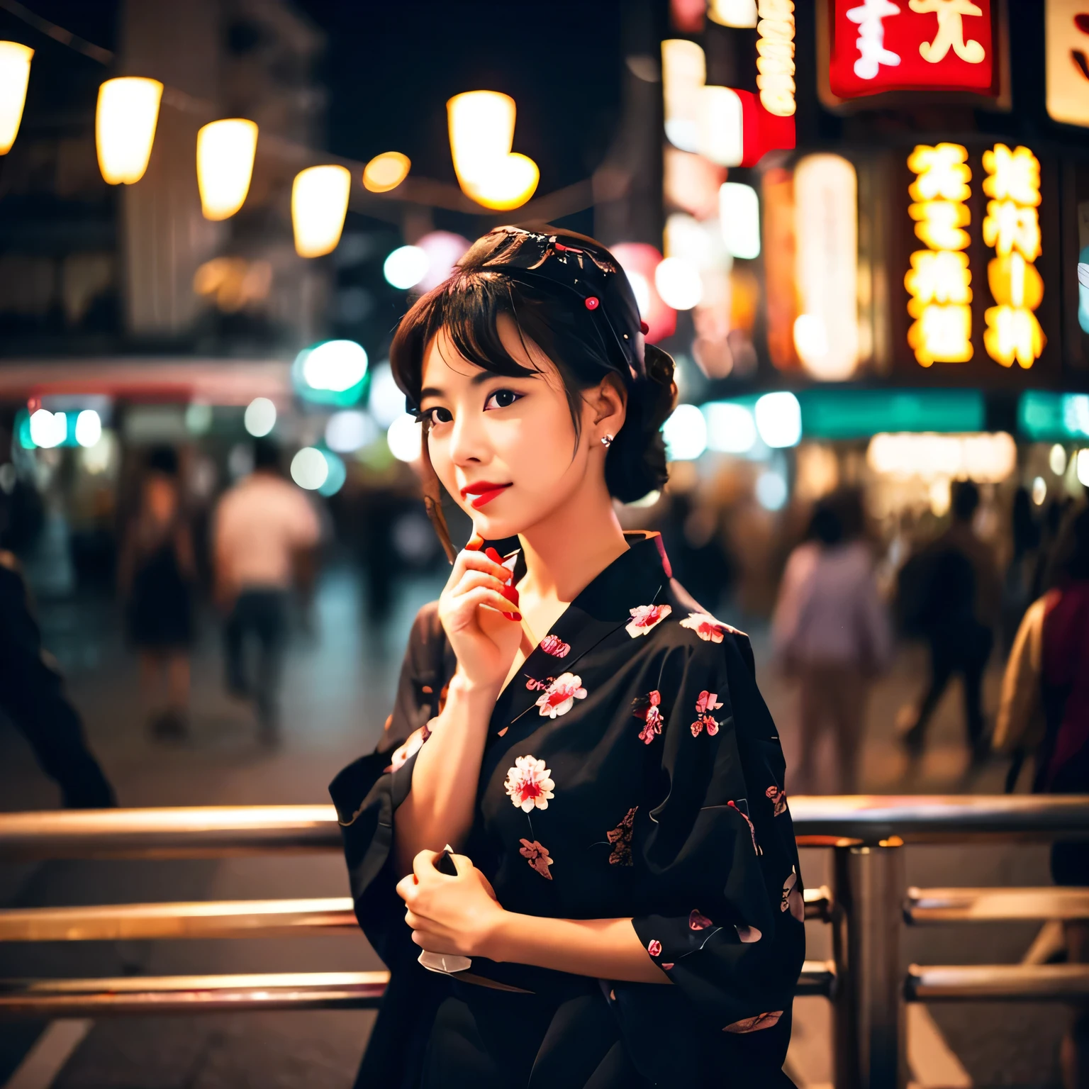 50s Japanese、woman、Osaka night view、shirt、Romantic bokeh