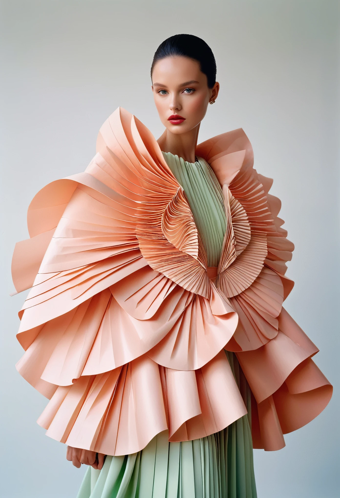 A model wears an outfit made of large paper fans, which is in the shape of a shawl or cape and is draped over her shoulders like ruffles on evening dresses. The dress has no sleeves and forms with its folded paper effect a beautiful shoulder skin that falls into its opening. It stands in front of a white wall. in the style of JeanPaul Goude, in the style of Tim Walker, hyperrealistic photography, magic realism style, pastel colors, fashion magazine cover photo.