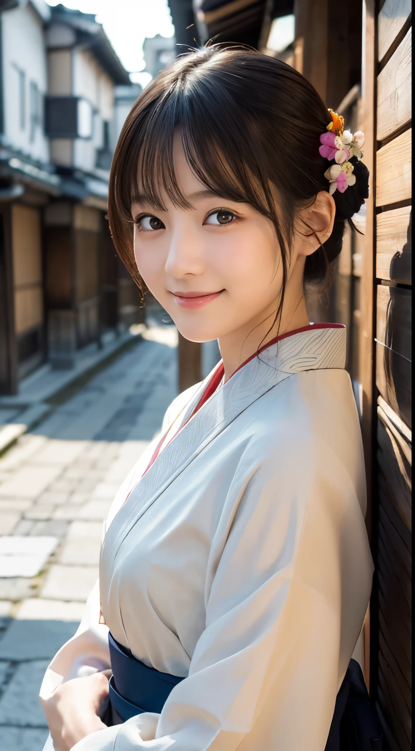 Professional Lighting,(Photorealistic:1.4), (Top image quality:1.0), (超A high resolution:1.0), 8k, Raw photography, (masterpiece:0.2), (Facing the children_v1:0.5)、(最高quality Detail:1.2)、Realistic、8K Ultra HD、High resolution、(1 girl:1.2)、超detailedな、High quality textures、複雑なdetailed、detailed、Very detailed CG、High quality shadows、detailed 美しく繊細な顔、Beautiful details and a delicate eye、(Symmetrical eyes:1.2),Written boundary depth、Ray Tracing,1 girl, Japanese Girls, (Natural smile:1.4),cute, thin, Portrait of a beautiful Japanese woman in a kimono, Standing elegantly on a street corner in Kyoto. Kimono with vibrant traditional patterns, Hair decorated with elegant and delicate hairpins, Gentle expression. (With the old streets of Kyoto in the background:1.4)、The soft light of a spring afternoon、Adding tranquility to the scene. Rendered in a Realistic style with great attention to detail, High resolutionの画像.Sky Porn, Magic Hour, (Realistic:1.3), finely, quality, (Tabletop:1.2), (Realistic:1.2), (最高quality), (複雑なdetailed), dramatic, Ray Tracing, photograph, +roller