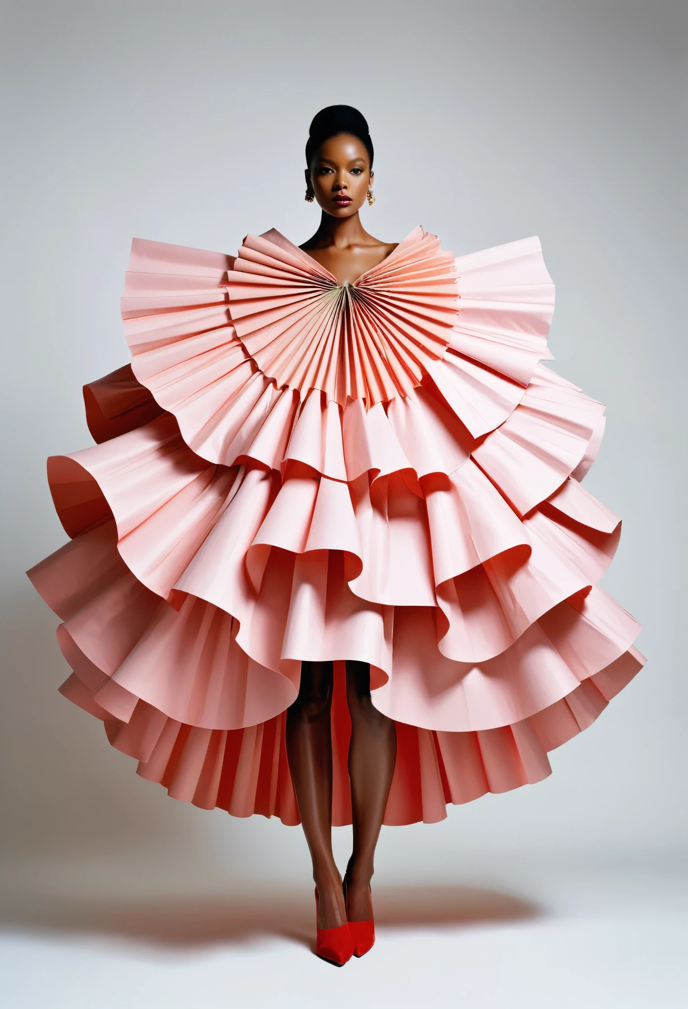 A model wears an outfit made of large paper fans, which is in the shape of a shawl or cape and is draped over her shoulders like ruffles on evening dresses. The dress has no sleeves and forms with its folded paper effect a beautiful shoulder skin that falls into its opening. It stands in front of a white wall. in the style of JeanPaul Goude, in the style of Tim Walker, hyperrealistic photography, magic realism style, pastel colors, fashion magazine cover photo.