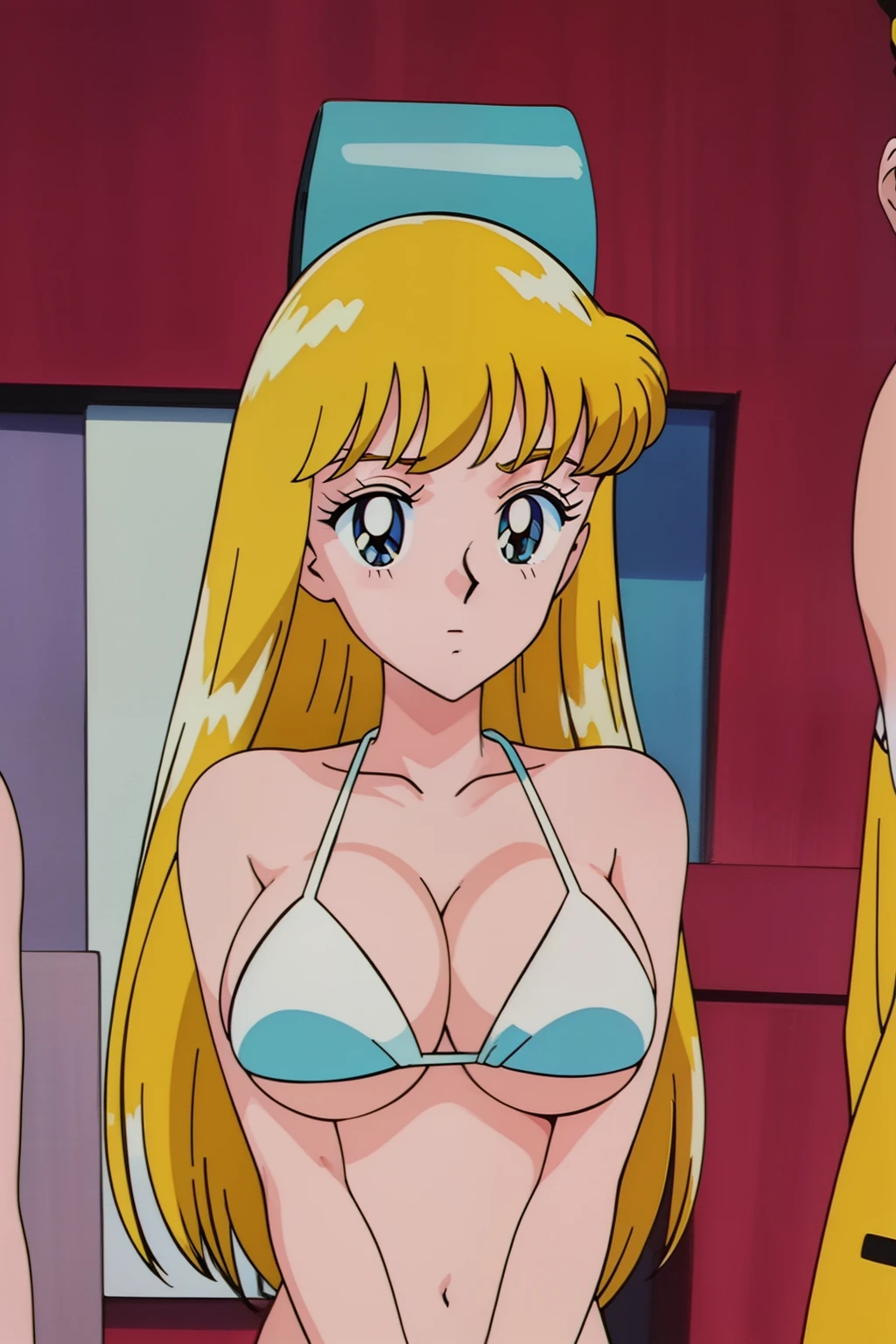(anime cels style, Masterpiece, best quality, high resolution, anime colored, megami magazine:1.2, anime poster style, anime keyvisual, sharp, 8k, photorealistic), (beautiful eyes:1.5), reiko_aiwaifu, 1woman, milf, blond hair, long hair, (sagging huge breast), micro bikini, cleavage, (upper body:1.5), standing, (perfect detailed anatomy, perfect arms, perfect fingers, beautiful face, perfect body, shiny skin), (simple background:1.5),