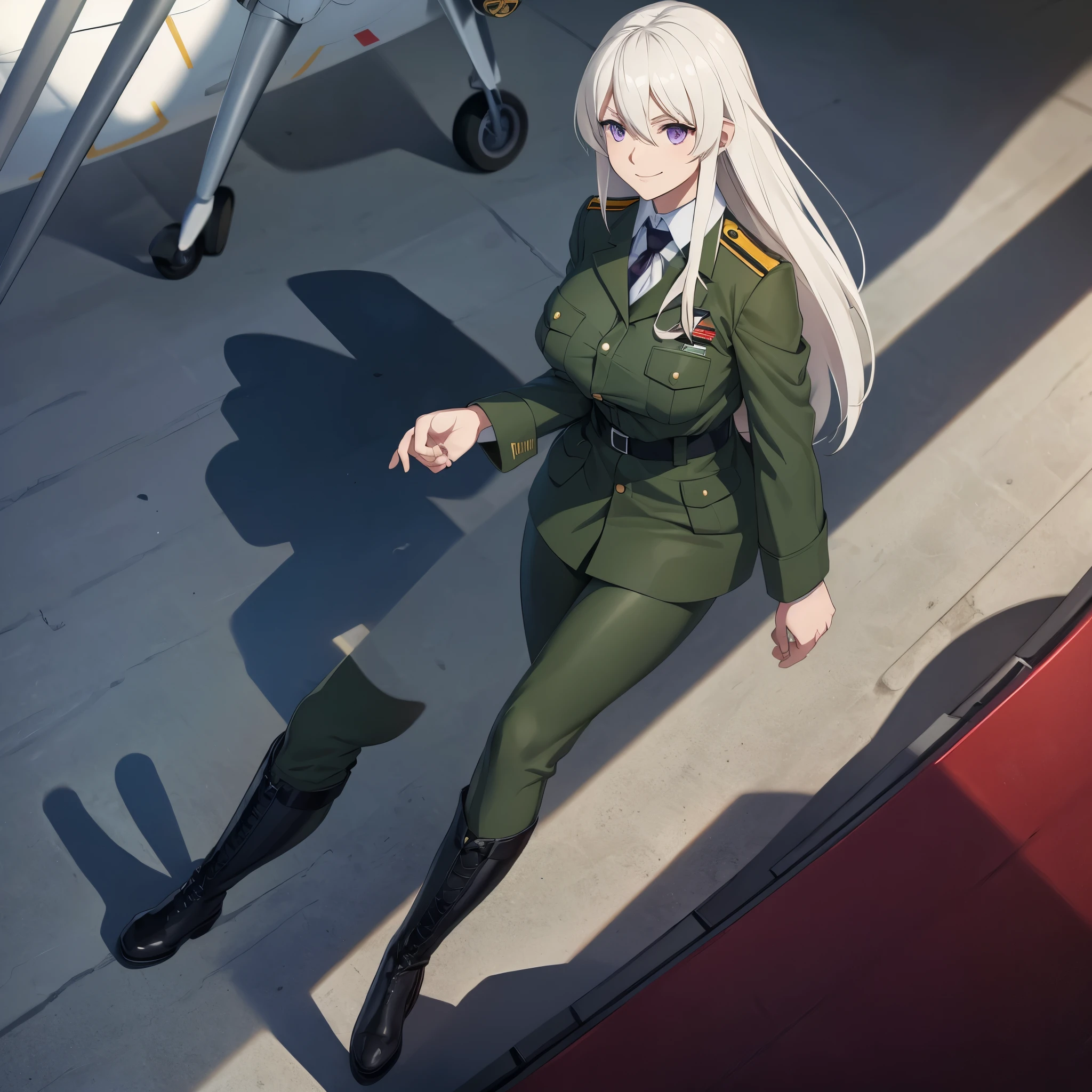 A woman wearing a moss green American pilot's uniform, medals on her uniform, black boots, long white hair, purple eyes, smiling, big breasts, walking on a large runway at a military airport, military fighter plane in the background, aircraft warehouse in the background, wide view, full body, surrealism, projected shadow, anaglyph, stereogram, tachi -e, pov, atmospheric perspective, surrealism, flower, 8k, super detail, accurate, best quality, UHD, anatomically correct, textured skin, high quality, high resolution, best quality
