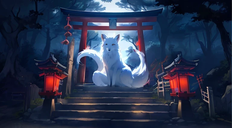 Drawing a white fox、The fox has a majestic appearance and a mysterious aura., The fox looks down on us with a solemn look on his face.
