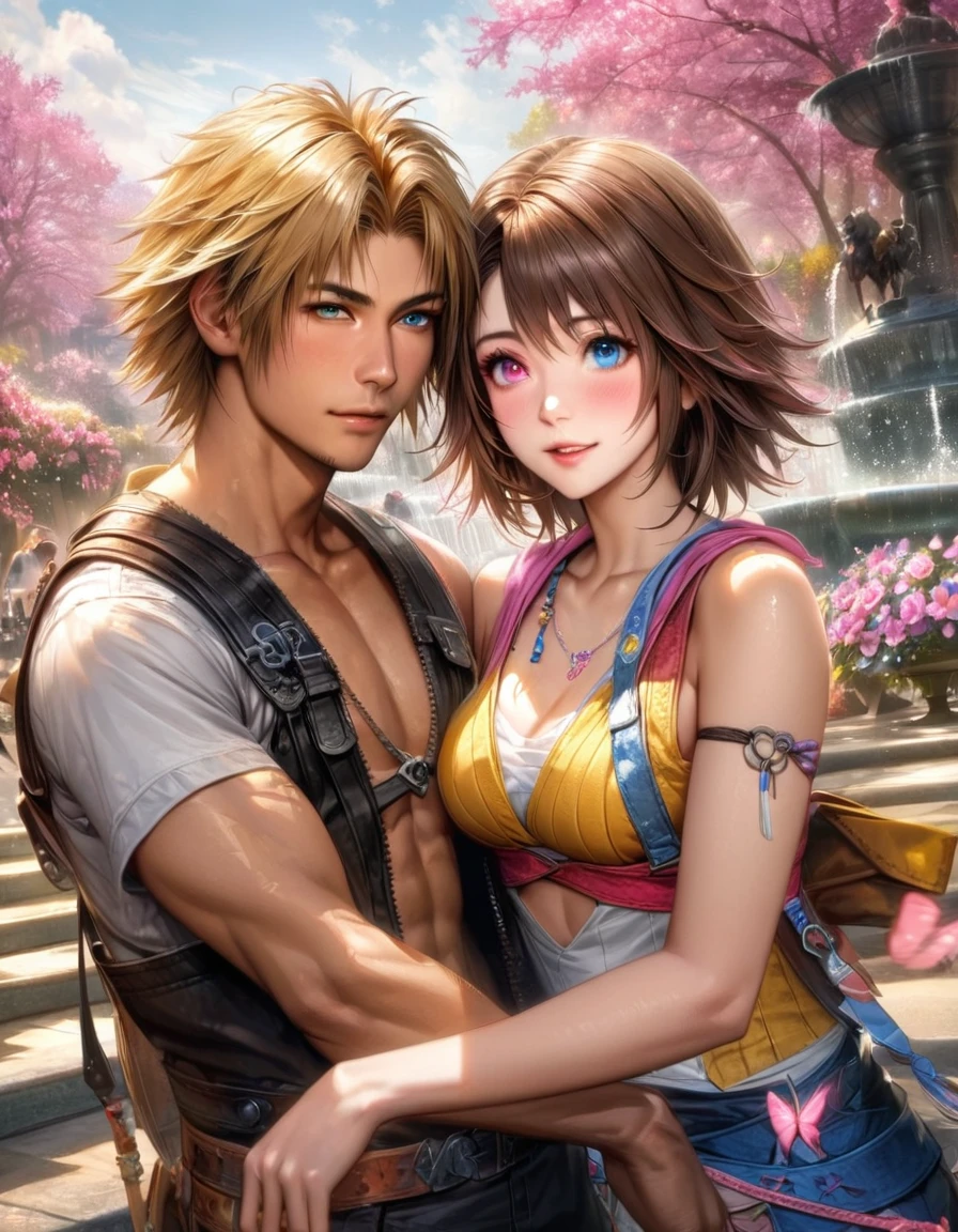 absurdres, highres, ultra detailed, HDR, master piece, ultra detailed picture, extremely detailed face and eyes, realistic face, Tidus, blond hair, expressive blue eyes, Final Fantasy X, Yuna, brown hair, heterochromia, left eye blue, right eye green, a man together with a woman, couple, pink flowers, park, fountain, pink trees, pink butterflies