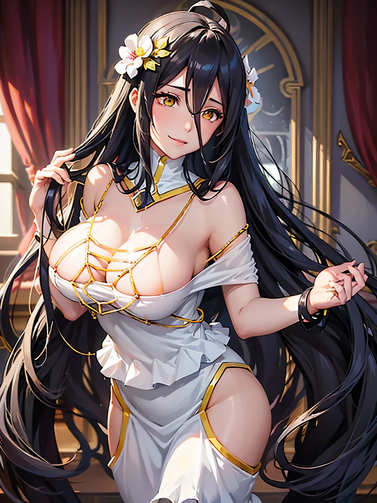 Armpit Show,Albedo, Director of the anime and light novel series Floor Guardian "Overload," It is a character of captivating beauty and enigmatic charm. From the moment she walked into the room, Her presence attracts attention, Who encounters her々to be enchanted by her ethereal charm.
Her appearance is a symphony of elegance and charm, People around her々Meticulously designed to captivate the hearts of. long, Flowing black hair flowing down the back like an obsidian silk waterfall, Albedo's beauty is undeniable. Her hairstyle is perfectly styled, Shows great attention to detail in her、Adding an air of sophistication to her mystical aura.
Albedo's eyes are the windows to her enigmatic soul. deep shades of crimson, They have such strength that they penetrate the very depths of their existence. They shimmer with intelligence and depth, Allude to the secrets she harbors beneath her composed appearance.
Her face is a vision of perfection, It has elegant and sharp features that exude both elegance and authority. The curve of her lips, When they decorate her porcelain-like complexion with a smile, It's an enchanting sight to see. but、There is a layer of intrigue behind her smile, Makes others question the thoughts she hides.
Her outfit is、Her Hall々and is a stunning testament to status and unique sense of style.. Decorated with an exquisite white dress with intricate golden embroidery, Albedo's appearance is nothing short of breathtaking. The dress hugs her figure, Highlight her attractive curves、Adds an aura of otherworldly elegance.
On her neck, Albedo wears a choker with a red jewel, Symbolizes absolute loyalty and devotion to her Creator, Ainz Ooal Gown. 彼女のlong, Slender fingers are decorated with delicate golden rings, A testament to her elegance and meticulous attention to detail.