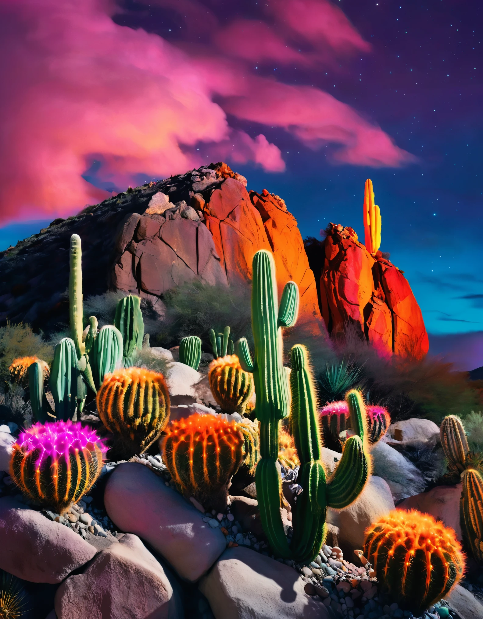 climing rock with orange glowing neon cacti at top with clouds at night, bright colorful pastel colors in the background, photographed for Vogue magazine, high fashion photography, hyper realistic.