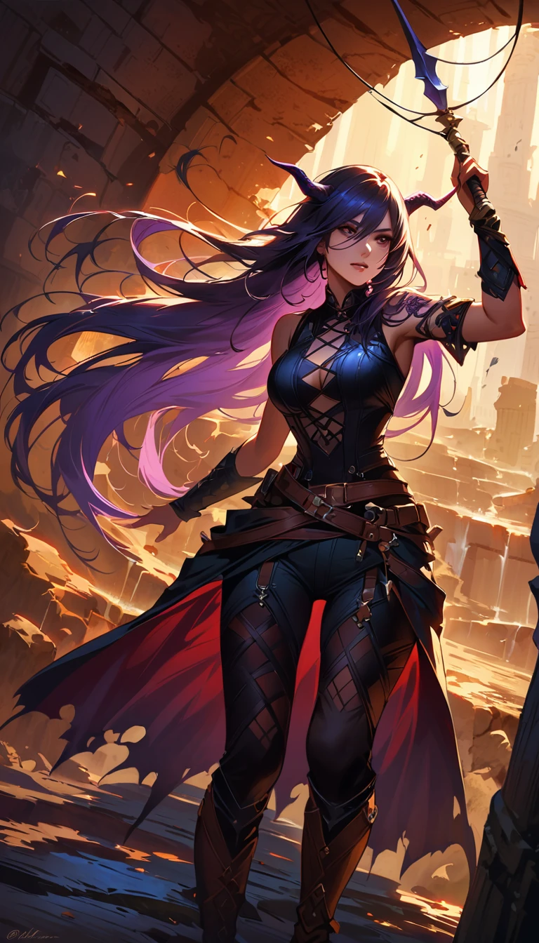 a female assassin in a dark fantasy setting, with long flowing hair in shades of black and purple, Demon Horn, Blood on the face, piercing blue, Wearing a smooth black sleeveless leather jacket, including dragon scales tattoos on her arms,Wearing Suspended fishing net socks and a pair of pointed long leather boots. She stands in a dimly underground chamber, holding a curved daggers , The scene is illuminated with flickering torche, casting shadows and enhancing the suspenseful atmosphere. The lighting emphasizes the sharp edges and intricate details of the assassin's attire, adding depth and texture to the overall composition. The image is of the highest quality, with extreme attention to detail , showcasing the artist's technical expertise and mastery of light and shadow. The art style is realistic yet with a touch of fantasy.