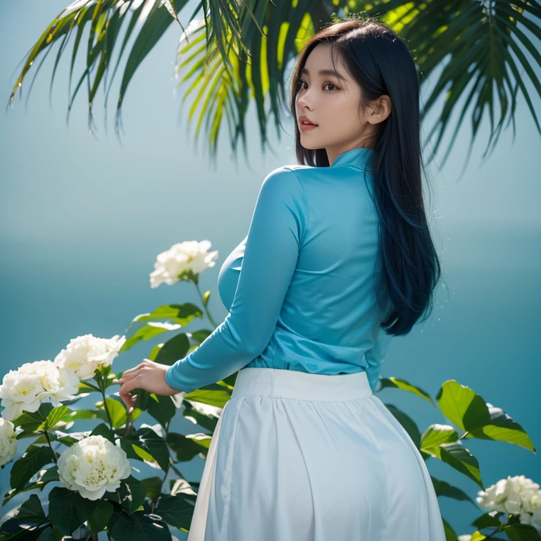 Perfect lighting, vivid colors, ( shiny hair, shiny skin), huge breasts, voluptuous, curvy, back shot, from below, standing and looking at the viewer, outdoor background, Burmese girl, acmm ls outfit, wearing acmm top, (WHITE) acmm top, long sleeves, wearing GREEN acmm long PRINT WITH WHITE SMALL FLOWER skirt, (((BLUE BACKGROUND)))