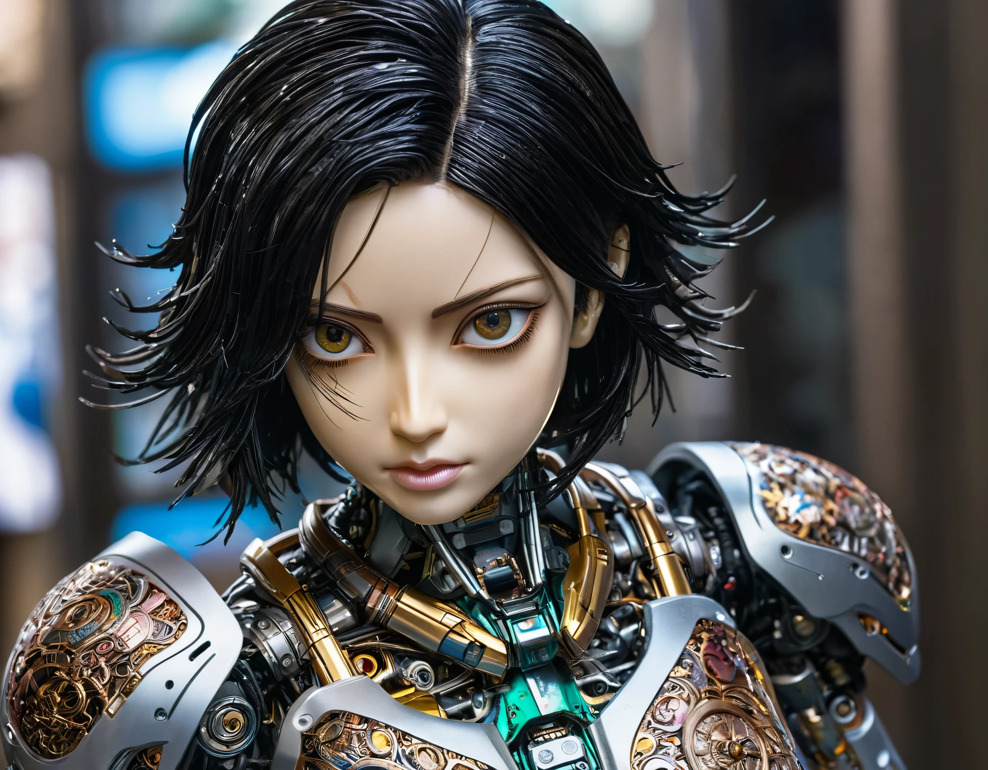 Japanese robot made of ornamental material like alita battle angel. Very detailed, award winning photography,close-up