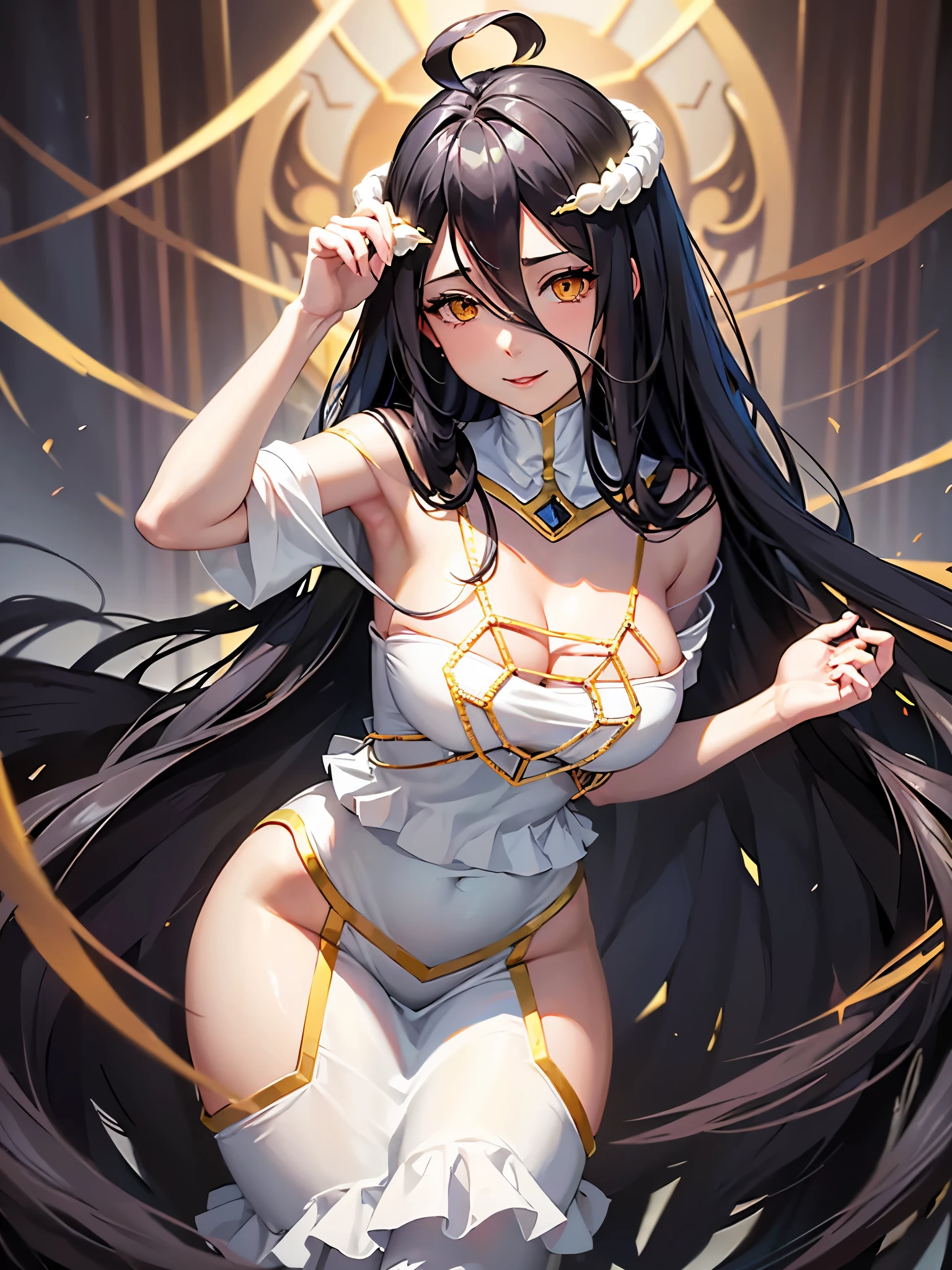 Armpit Show,Albedo, Director of the anime and light novel series Floor Guardian "Overload," It is a character of captivating beauty and enigmatic charm. From the moment she walked into the room, Her presence attracts attention, Who encounters her々to be enchanted by her ethereal charm.

Her appearance is a symphony of elegance and charm, People around her々Meticulously designed to captivate the hearts of. long, Flowing black hair flowing down the back like an obsidian silk waterfall, Albedo's beauty is undeniable. Her hairstyle is perfectly styled, Shows great attention to detail in her、Adding an air of sophistication to her mystical aura.

Albedo's eyes are the windows to her enigmatic soul. deep shades of crimson, They have such strength that they penetrate the very depths of their existence. They shimmer with intelligence and depth, Allude to the secrets she harbors beneath her composed appearance.

Her face is a vision of perfection, It has elegant and sharp features that exude both elegance and authority. The curve of her lips, When they decorate her porcelain-like complexion with a smile, It's an enchanting sight to see. but、There is a layer of intrigue behind her smile, Makes others question the thoughts she hides.

Her outfit is、Her Hall々and is a stunning testament to status and unique sense of style.. Decorated with an exquisite white dress with intricate golden embroidery, Albedo's appearance is nothing short of breathtaking. The dress hugs her figure, Highlight her attractive curves、Adds an aura of otherworldly elegance.

On her neck, Albedo wears a choker with a red jewel, Symbolizes absolute loyalty and devotion to her Creator, Ainz Ooal Gown. 彼女のlong, Slender fingers are decorated with delicate golden rings, A testament to her elegance and meticulous attention to detail.