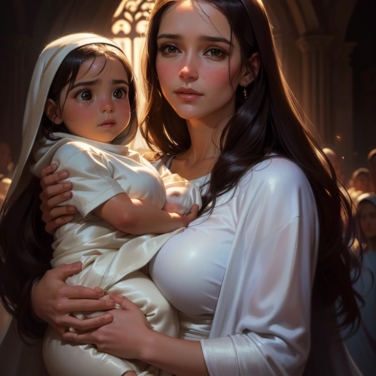 Arafed image of a woman holding the baby Jesus in her arms, by Pablo Munoz Gomez, por Marek Okon, Rob Rey, magali villeneuve', Virgin Mary, artista grafica magali villeneuve, Artgerm y William Bouguereau, portrait of Virgin Mary, by Roman Bezpalkiv, pintura detallada 4k
