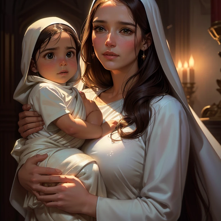 Arafed image of a woman holding the  Jesus in her arms, by Pablo Munoz Gomez, por Marek Okon, Rob Rey, magali villeneuve&#39;, Virgin Mary, artista grafica magali villeneuve, Artgerm y William Bouguereau, portrait of Virgin Mary, by Roman Bezpalkiv, pintura detallada 4k