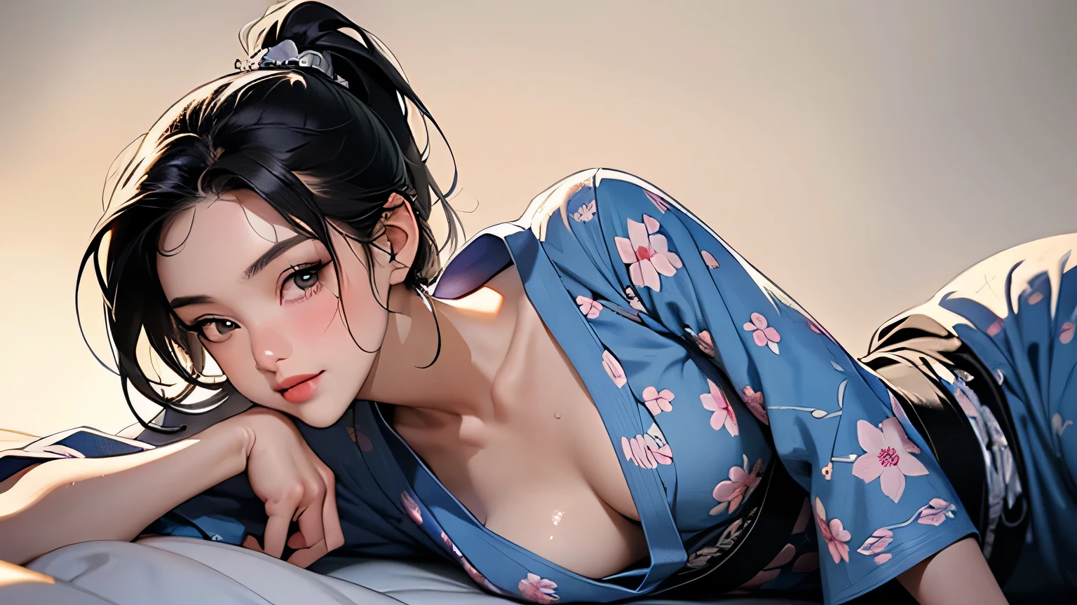 8k, highest quality, ultra high resolution, 1 female, 1980s pop culture anime style, 21 years old, (masterpiece, high resolution, detailed), Japanese, sweating, short cut, ponytail, big breasts (photorealistic) :1.4), (Famous Japanese actress:1.2), very beautiful, cute, professional photo, very delicate and beautiful, very detailed, very detailed beautiful girl, very detailed face, very detailed eyes, very detailed skin, very detailed fingers, very detailed nose, very detailed mouth, perfect anatomy, realistic body, fair skin, shiny skin, slender body, good figure, looking at viewer, smile, cute laugh Face (Black hair, (Ponytail, Beautiful girl, Perfect small face, D cup, Thin, Top quality, Ultra high resolution, Detailed background, Masterpiece, Anatomically correct, Detailed face, Beautiful face in every detail, Cute 20 Beautiful girl in her s, black hair, highest quality, 4K quality, hot spring, sitting woman, woman in yukata, woman's ponytail, woman is 21 years old Steam, sweat,