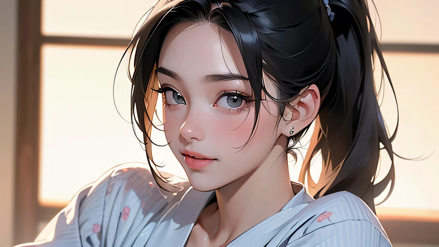 8k, highest quality, ultra high resolution, 1 female, 1980s pop culture anime style, 21 years old, (masterpiece, high resolution, detailed), Japanese, sweating, short cut, ponytail, big breasts (photorealistic) :1.4), (Famous Japanese actress:1.2), very beautiful, cute, professional photo, very delicate and beautiful, very detailed, very detailed beautiful girl, very detailed face, very detailed eyes, very detailed skin, very detailed fingers, very detailed nose, very detailed mouth, perfect anatomy, realistic body, fair skin, shiny skin, slender body, good figure, looking at viewer, smile, cute laugh Face (Black hair, (Ponytail, Beautiful girl, Perfect small face, D cup, Thin, Top quality, Ultra high resolution, Detailed background, Masterpiece, Anatomically correct, Detailed face, Beautiful face in every detail, Cute 20 Beautiful girl in her teens, black hair, highest quality, 4K quality, hot spring, sitting woman, woman in yukata, woman's ponytail, woman is 21 years old Steam, sweat,