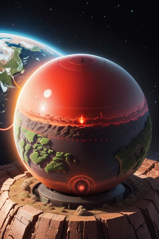 a close up of a model of a cybernetic earth with a red light inside, scientific earth crust, the earth sprouts lava, earth covers lightly, with earth in the background, with earth, whole earth, inside a globe, the earth, hollow earth, earth outside, vtm, the planet is warm with canyons, earthy, the planet