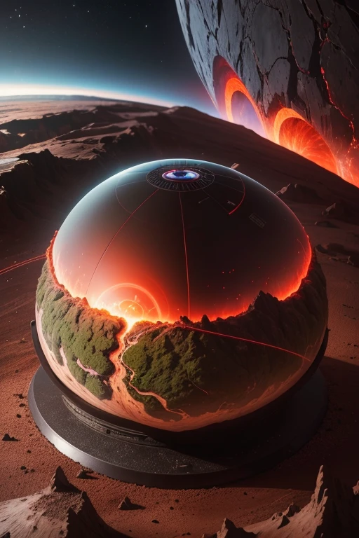 a close up of a model of a cybernetic earth with a red light inside, scientific earth crust, the earth sprouts lava, earth covers lightly, with earth in the background, with earth, whole earth, inside a globe, the earth, hollow earth, earth outside, vtm, the planet is warm with canyons, earthy, the planet