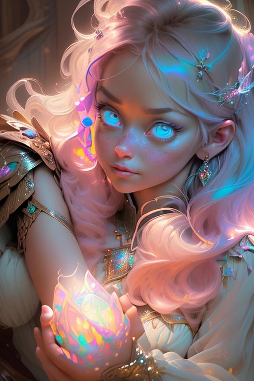 (((masterpiece))), (((best quality))), ((ultra-detailed)),(highly detailed CG illustration), ((an extremely delicate and beautiful)),cinematic light, Create a stunning fantasy artwork that mimics the style of currently trending masters of the genre. The art piece should contain elements of both mythic fantasy and fairytale fantasy with colorful accents. ((Utilize various shades of pink and watercolor pastels as the main color scheme.)) The character in the artwork is a delicate but strong  figure with an aura of mystery and magic. Pay close attention to ((((intricate facial features, such as mesmerizing eyes with vibrant colors and bold shading)))). The character's clothing should be designed with gossamer feathers, silk, stunning embroidery, and subtle iridescent details. Incorporate dreamy colors, dynamic lighting, and detailed background elements to create a sense of awe and immersion. Include colorful flying magical birds and jewel-toned butterflies radiating a magical aura. Consider the latest trends in fantasy art, such as incorporating unique lighting effects, exploring dynamic and compelling composition techniques, and experimenting with unique color palettes. Take inspiration from the top artists on ArtStation and Midjourney. Camera: Choose an angle that highlights the character's beauty and enhances the magical majesty of the artwork. Lighting: Utilize atmospheric lighting techniques to create depth and mood. Resolution: Aim for a high-resolution artwork to showcase intricate details and clarity. Art Inspirations: Seek inspiration from the trending artists on ArtStation, exploring different styles, genres, and themes.