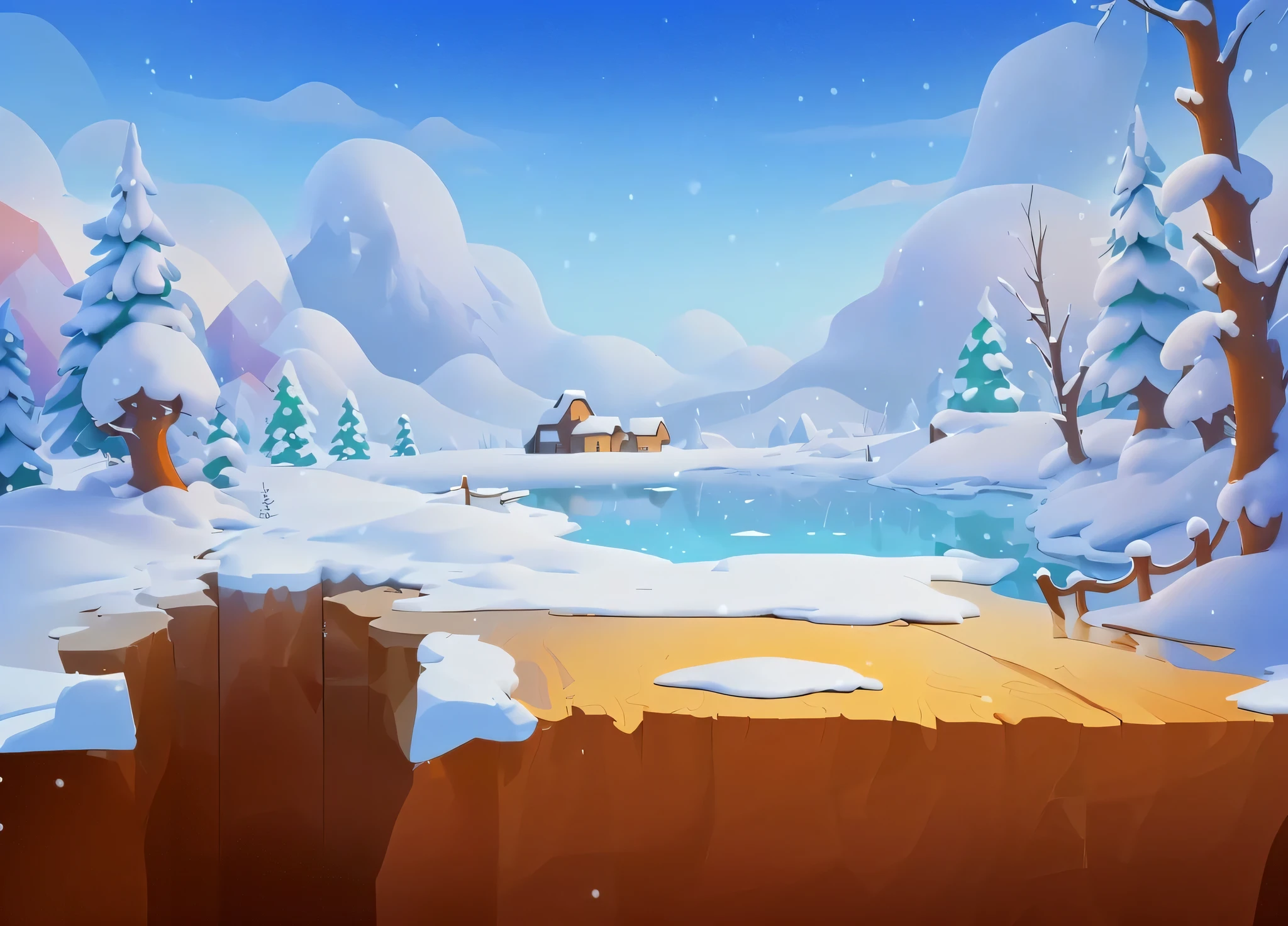Snowy landscape with pond and trees in the foreground, Snow background, mobile Game Background, Winter concept art, 2D Game Art Background, Stylized background, background technology, Snowy environment, Frozen tundra background, Winter park background, stylized concept art, background technologywork, 4k hd wallpaper illustration, 2d Game Background, Game Background, Snow background