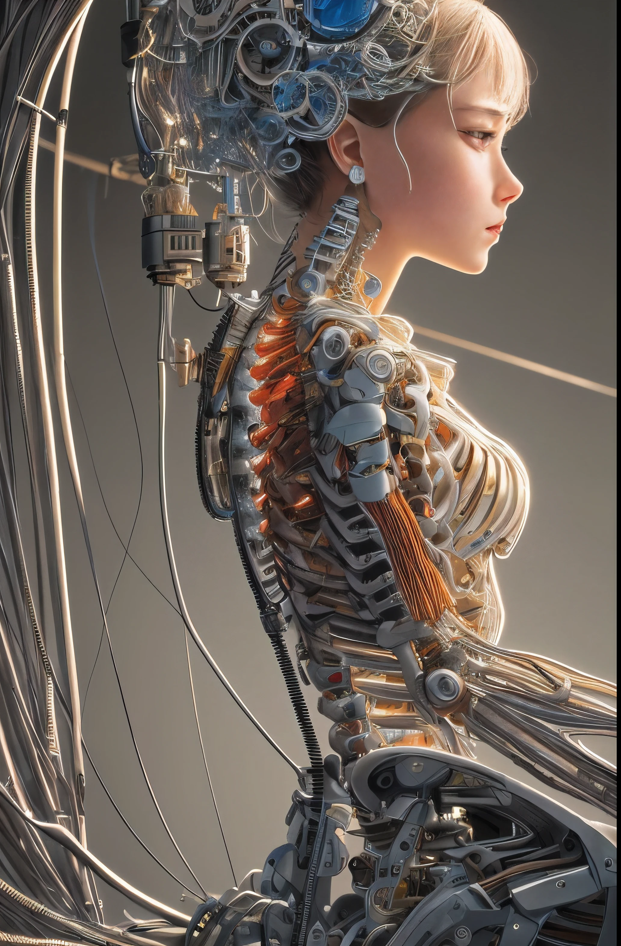 (((masterpiece))), (((best quality))), ((ultra-detailed)), (highly detailed CG illustration), ((an extremely delicate and beautiful)),(from side),cinematic light,((1mechanical girl)),solo,full body,(machine made joints:1.2),((machanical limbs)),(blood vessels connected to tubes),(mechanical vertebra attaching to back),((mechanical cervial attaching to neck)),(sitting),expressionless,(wires and cables attaching to neck:1.2),(wires and cables on head:1.2)(character focus),science fiction,extreme detailed,colorful,highest detailed