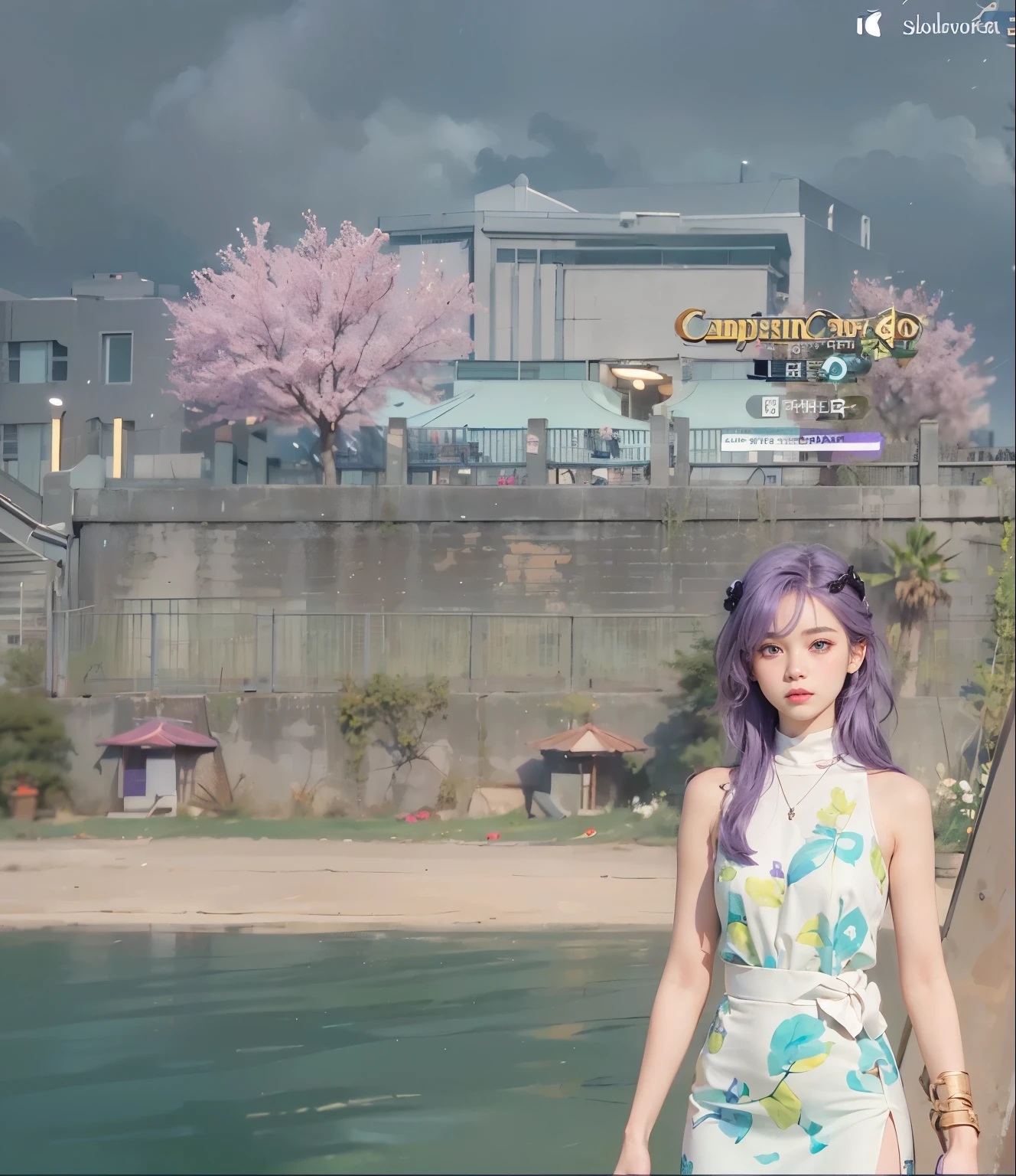 (Masterpiece),estilo dos desenhos animados,ultra high-detail,Dressed in Red sabrina neck shirt,(Short ear-length hair:1.2),Large pale gray eyes,(Purple hair color+Black card issue:1.4),Detailed depiction snap detail,The camera tilts slightly behind the character,Light dusk,Candy tones,Circular garland detail on top of figure,Look up into the distance,Campus buildings depicted in detail behind it。(Light Blue left pupil+Light Green Right Pupil eye color)