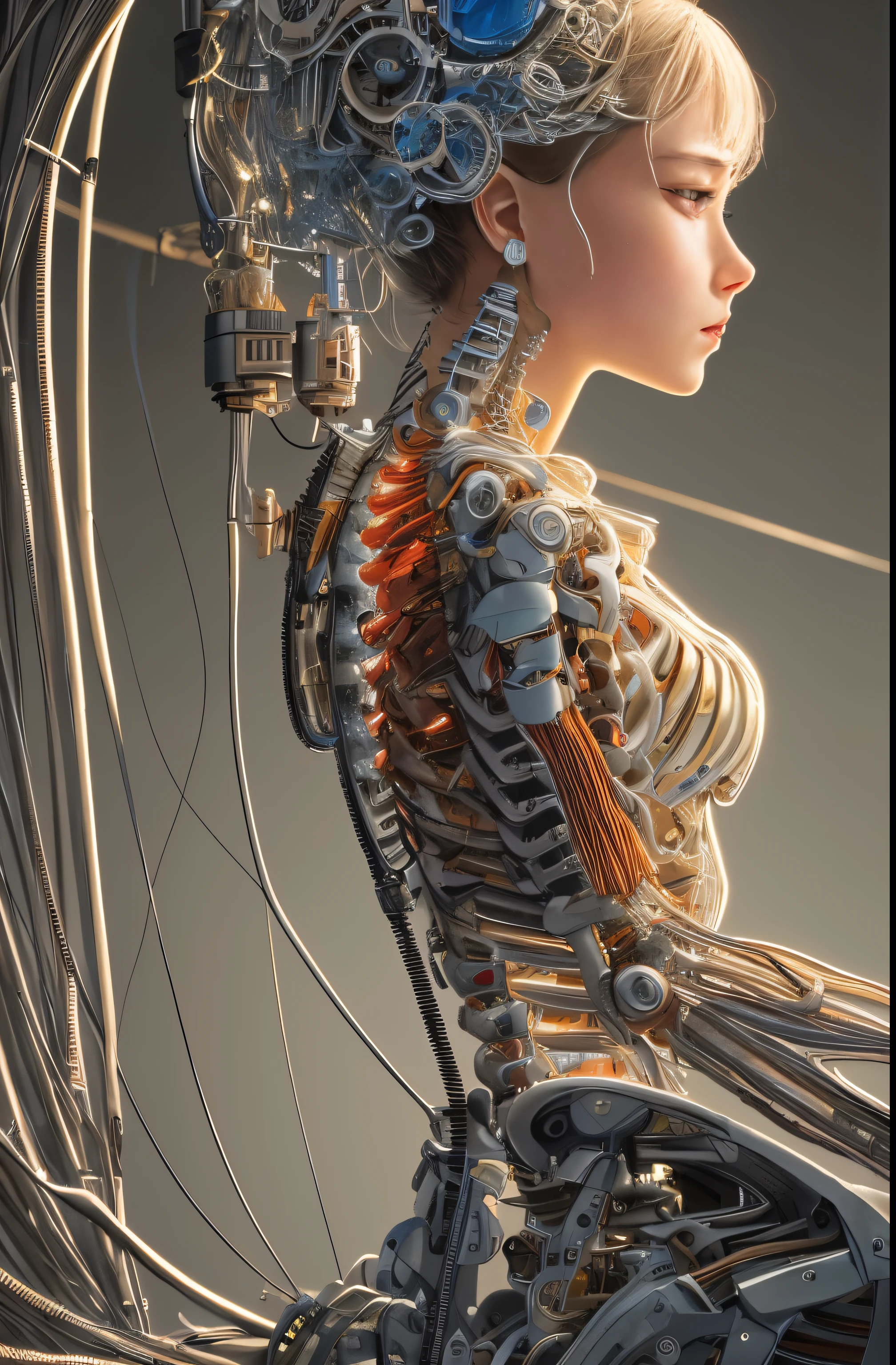 (((masterpiece))), (((best quality))), ((ultra-detailed)), (highly detailed CG illustration), ((an extremely delicate and beautiful)),(from side),cinematic light,((1mechanical girl)),solo,full body,(machine made joints:1.2),((machanical limbs)),(blood vessels connected to tubes),(mechanical vertebra attaching to back),((mechanical cervial attaching to neck)),(sitting),expressionless,(wires and cables attaching to neck:1.2),(wires and cables on head:1.2)(character focus),science fiction,extreme detailed,colorful,highest detailed