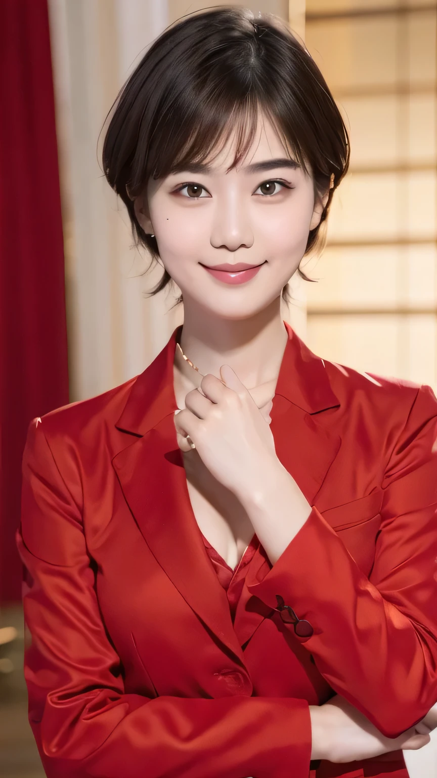 169 short hair cat, A 20-year-old female, Gentle Smile, Red suit, Fingers intact,Smile,