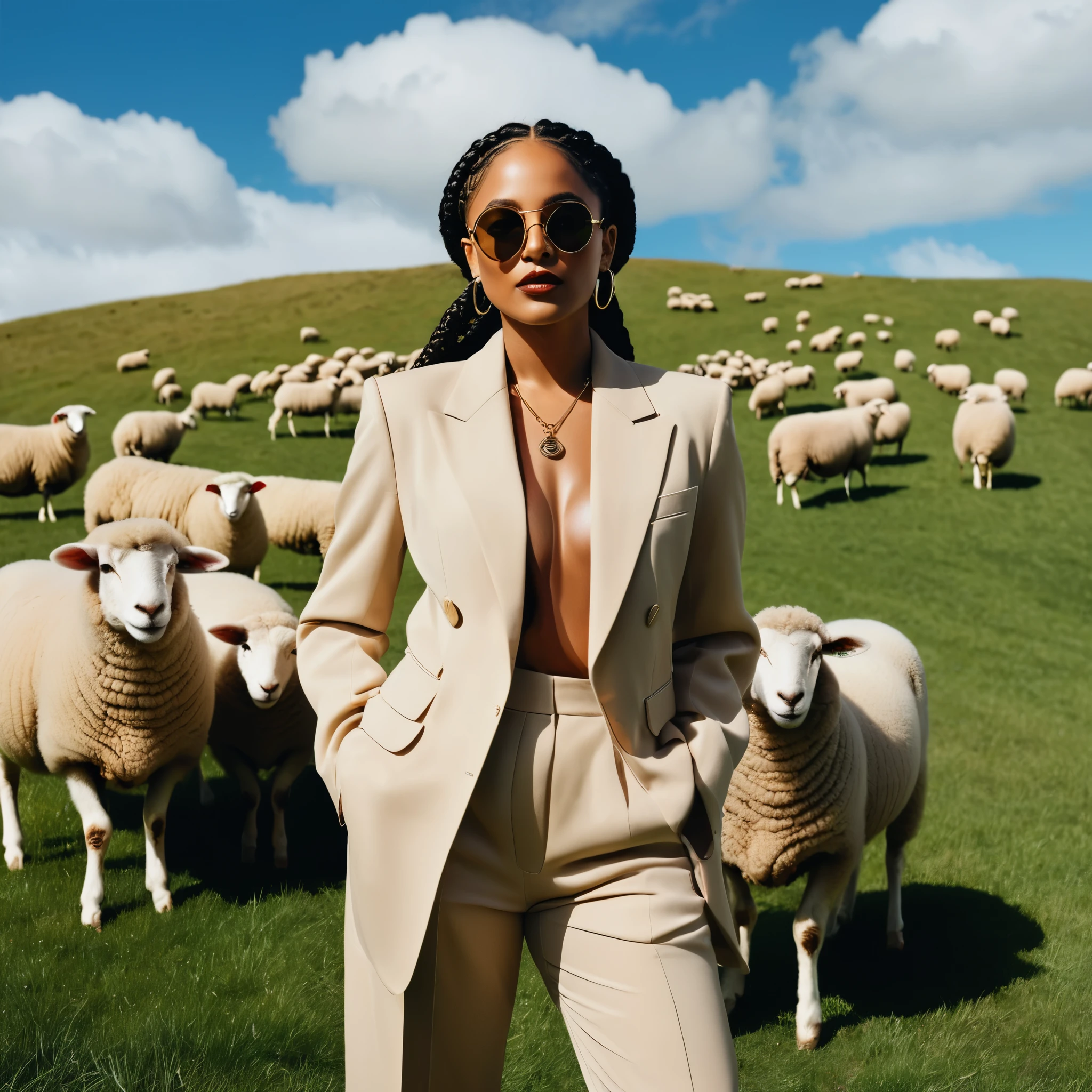 A black woman with braids in her hair, wearing round sunglasses and an oversized beige suit is standing on the grassy hill of New Zealand next to sheep grazing. She has large hoop earrings that hang down below shoulders and she wears brown boots. The sky above was blue with white clouds, and there were many animals eating green plants. Shot in the style of Annie Leibovitz for vogue magazine, hyper realistic, hyper detailed, cinematic, high resolution photography.