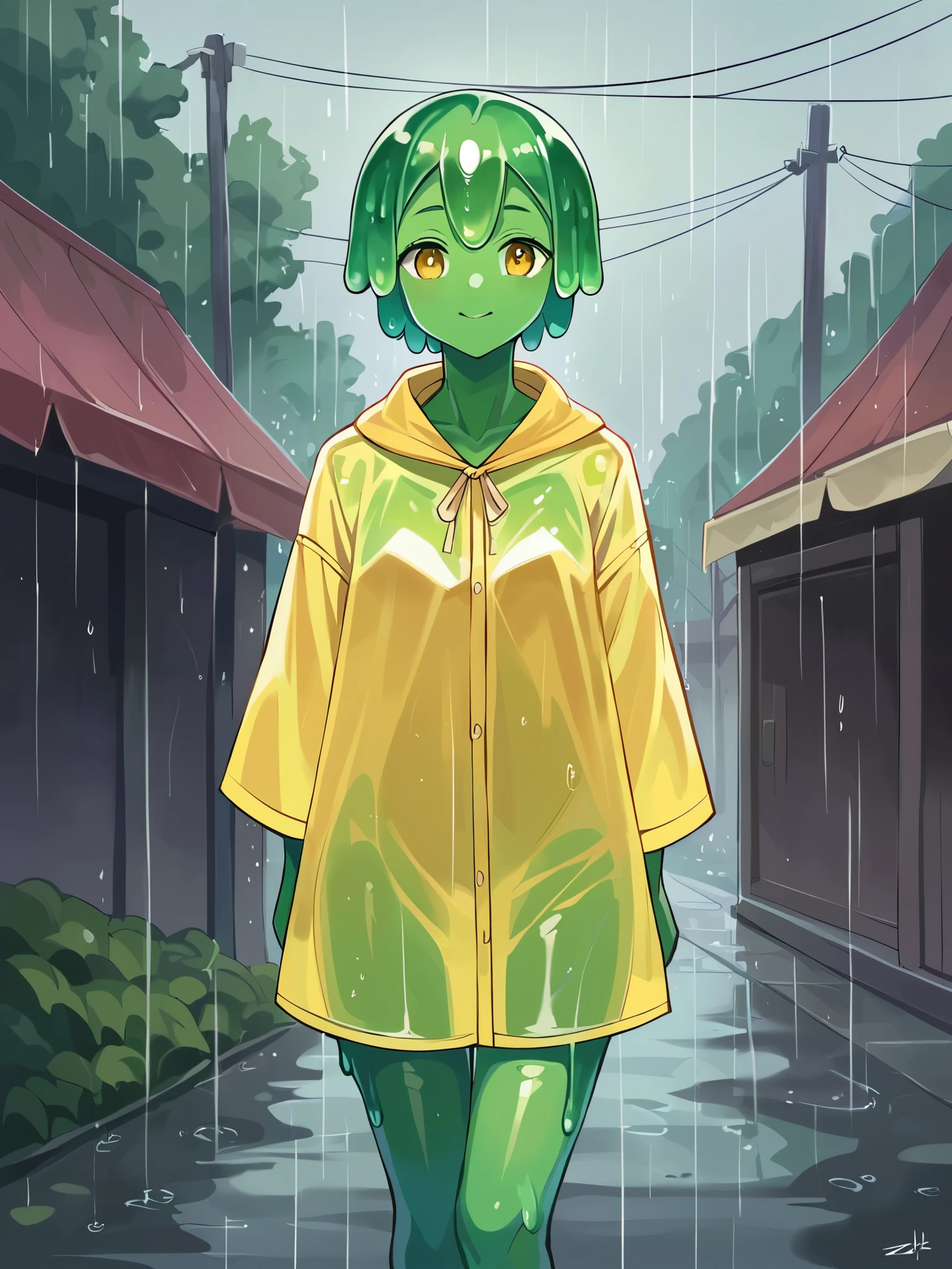 score_9, score_8_up, score_7_up, score_6_up, score_5_up, score_4_up, source_anime, slime girl, green skin, translucent yellow (raincoat:1.1), hands behind back, tilted forward, playful, happy, wet, outside, rural town, heavy rain, (raining:1.1), wind, cowboy shot, humanoid, solo, detailed, beautiful
