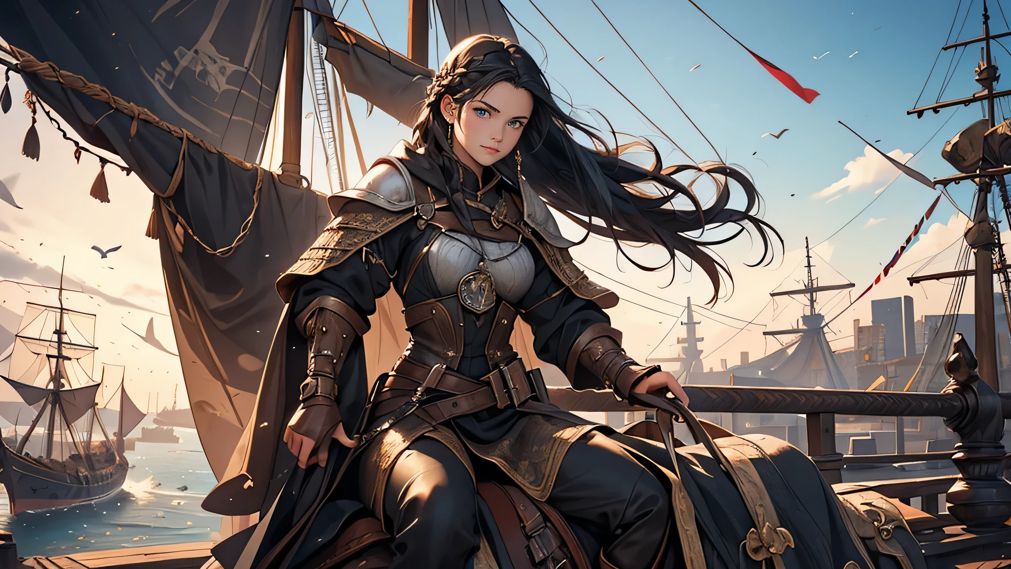 Describe a girl with long, braided black hair and an adventurous black garment, riding a horse towards a port city. In front of you is a port with many ships which is the girl's destination. medieval fantasy theme