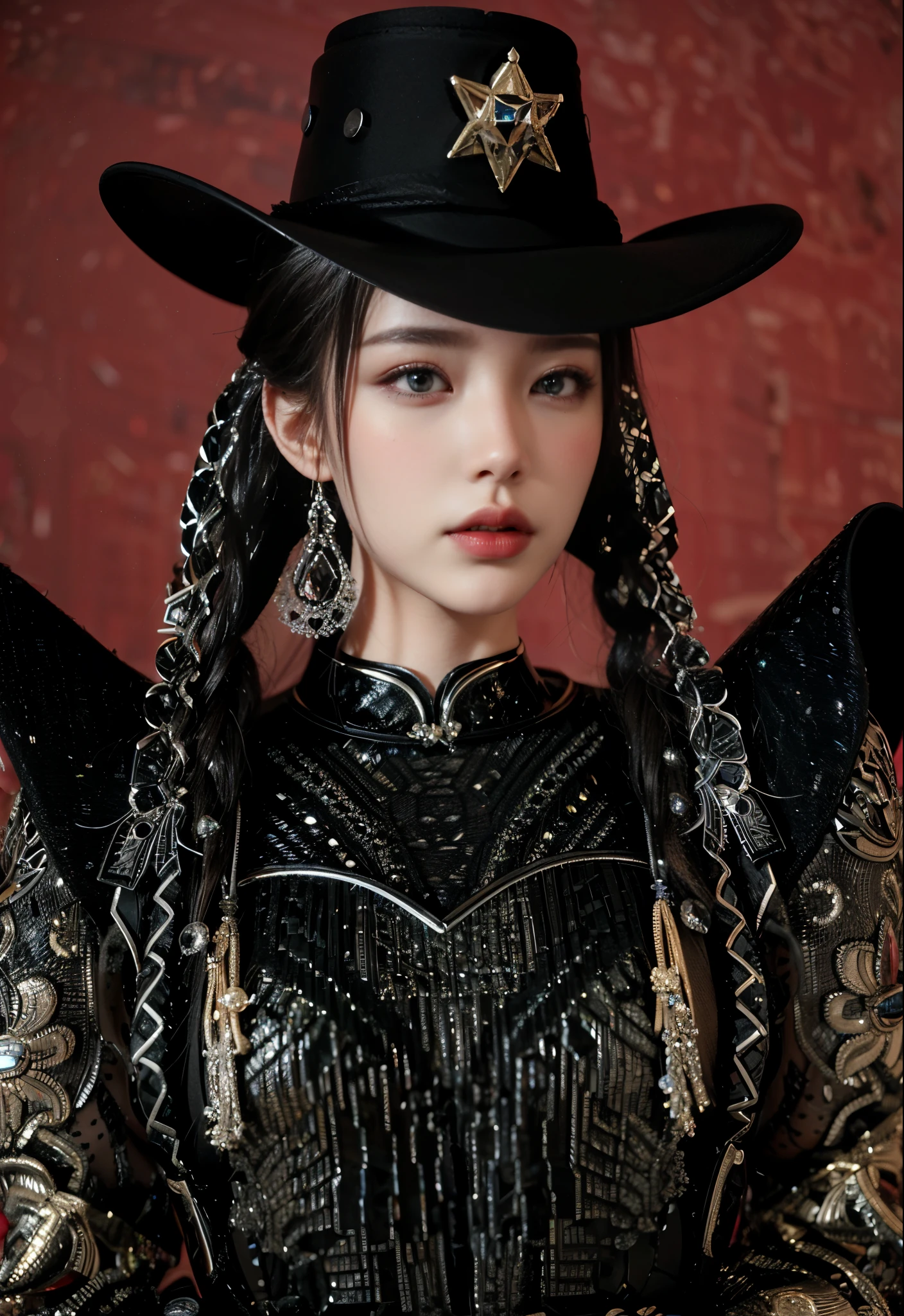 Game Art,Best image quality,Maximum resolution,8k,(A bust photo),(portrait),(Head close-up),(Rule of Thirds),Unreal Engine 5 rendering works,20 year old girl,((Queen)),The eyes are very detailed,(Large Breasts),Elegance and nobility,Movie Lighting,Ray Tracing,Game CG,((3D Unreal Engine)),OC rendering reflection mode,4K,Ultra-clear,Sensual,Translucent lace,Fair and plump figure,Pretty Face,Glossy Gel Coat,身着华贵礼服的Queen,Crystal Gem Crown,Necklace jewelry,blue eyes,Black tattoo(whole body),The tattoo is very three-dimensional,Gorgeous and intricate tattoo designs,Ultra-clear portrait,Sexy thick lips(Red lipstick),Gorgeous Mongolian women's clothes,Cowboy hat on his head,Mongolian female khan,Gorgeous and exquisite costumes