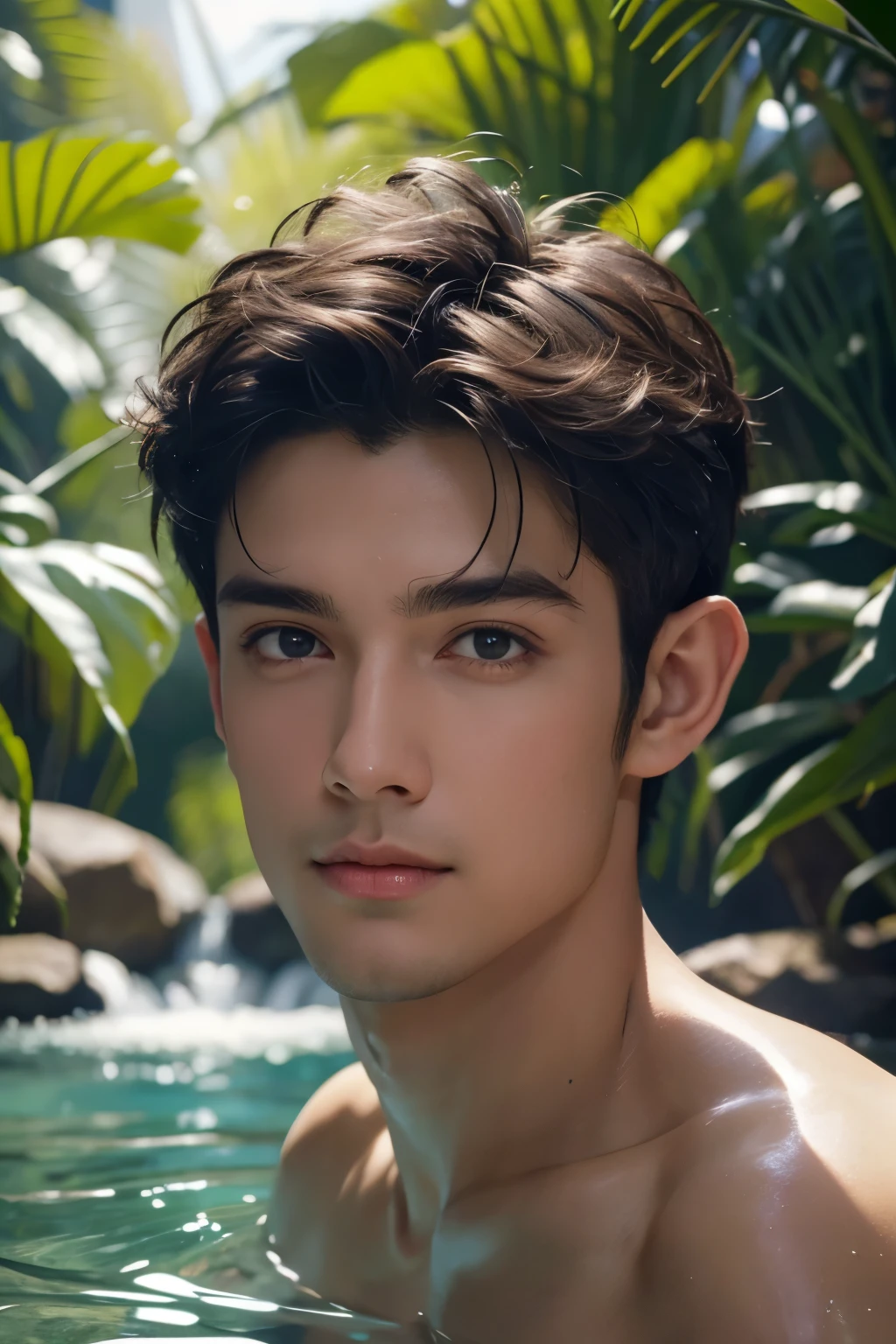 (tmasterpiece, high resolution, Ultra - Detalhado:1.0), (1 menino, jovem do sexo masculino), corpo masculino perfeito, (elfo masculino adulto:1.3), olhos delicados e rosto delicado, CG extremamente detalhado, cabelo preto, Unity 8k papel de parede, Detalhes complicados, Rosto detalhado, (olhos prateados, eye looking to camera, sorriso sexy, seductiveexpression, Olhos Meio Fechados, short and messy hair, half a body in the water, topless, Banhar, cabelo e corpo molhados), ao ar livre, flowers and trees, cachoeira, Retrato, color difference, profundidade de campo, dramatic shadow, ray tracing, best quality, Cinematic lighting, arte oficial,
