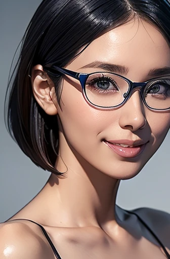 (masterpiece), (8k, best quality, high resolution), (ultra-detailed, realistic), (anatomically correct),
((face close-up)), (Standing), (No background),
(1woman), (looking at viewer),
(A Japanese woman, 30 years old and 155cm tall.),
(black hair), (straight hair), (short hair style), (bob cut), (hair behind ears),
(wear glasses), ((black cell frame glasses)),
((Wear a navy blue spaghetti strap dress)), (Mini length dress with simple design),
(Create a detailed image of the eye),
(Her impression is pure, clean and kind.),
((A captivating smile, just showing a few teeth.)),