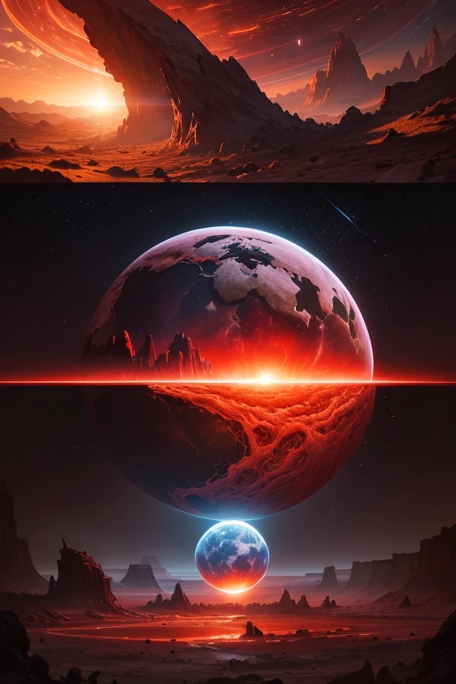 cybernetic earth with a red light inside, scientific earth crust, the earth sprouts lava, earth covers lightly, whole earth, the earth, hollow earth, earth outside, vtm, the planet is warm with canyons, earthy, the planet, the stars and galaxy in the background